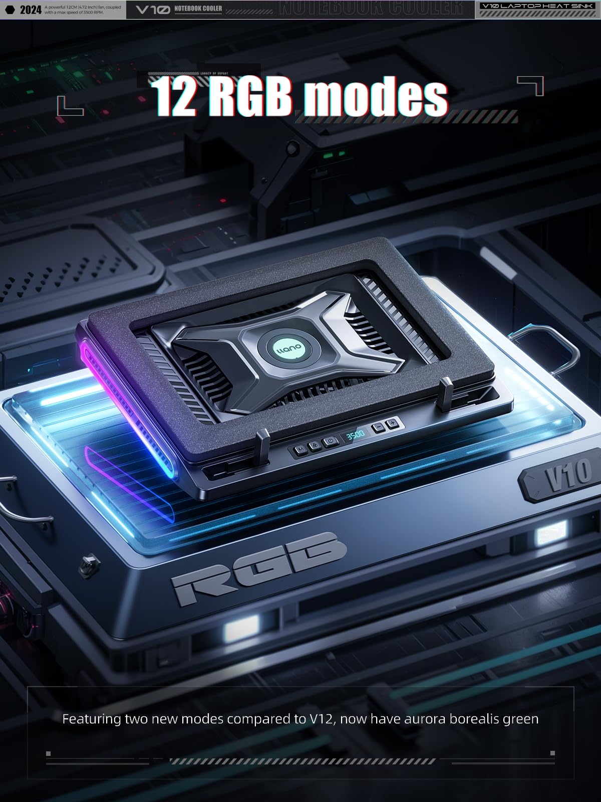 Llano V10 Gaming Laptop Cooler, Rgb Laptop Cooling Pad Stand With Powerful 4.72 Inch External Turbo Cooling Fan, Fast Cooling Co