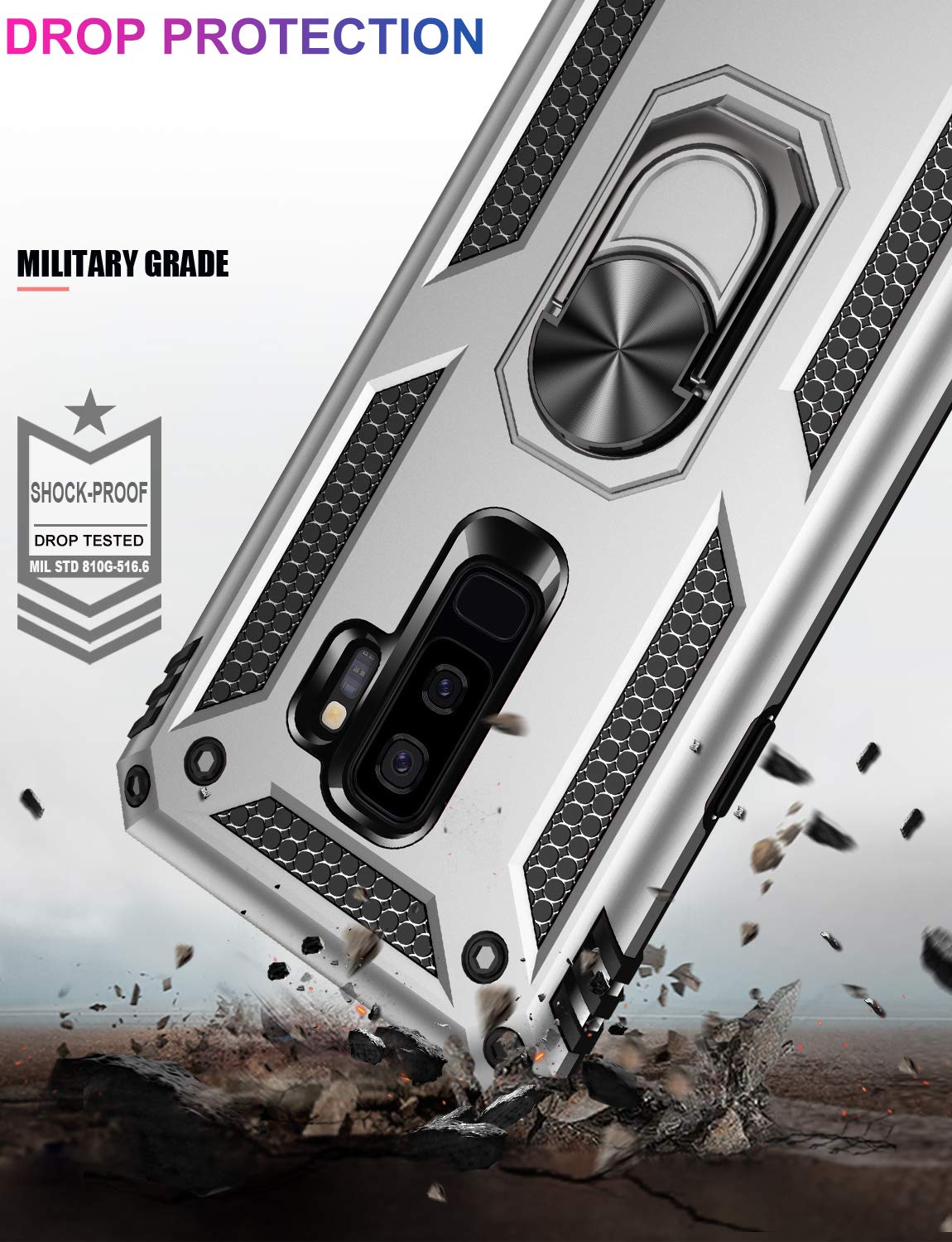 Lumarke For Galaxy S9+ Plus Case,Pass 16Ft. Drop Tested With Magnetic Ring Kickstand Compatible With Car Mount Holder,Military G