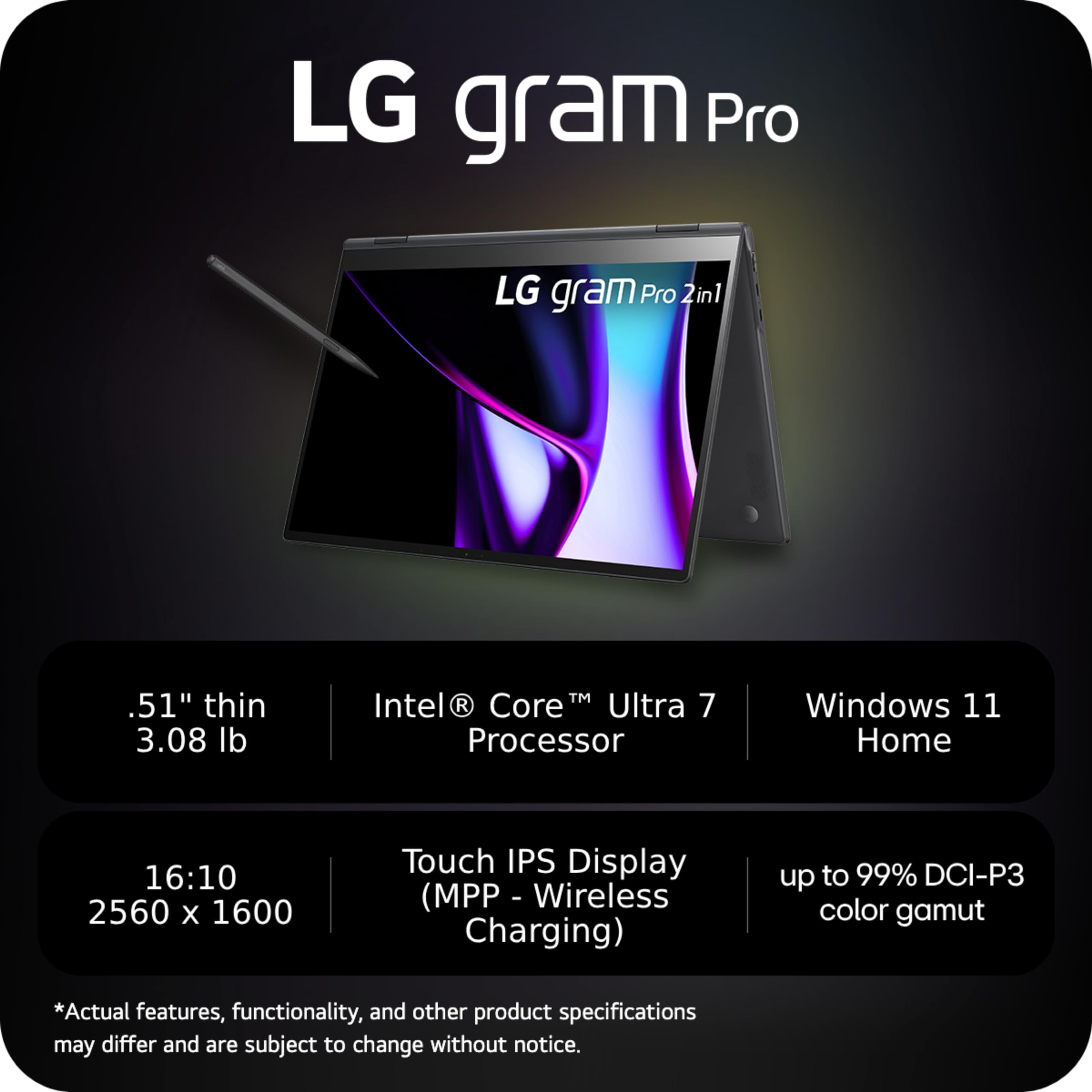 Lg Gram Pro 2 In1 16 Inch Lightweight And Versatile Laptop, Intel Evo Edition   Ai Enabled Intel Core Ultra 7, 16Gb Ram, 1Tb Ssd