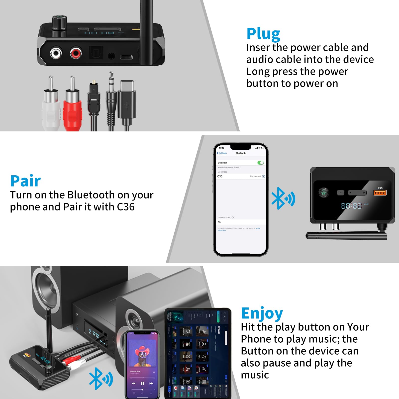 Suyee Bluetooth 5.3 Receiver, Rca Bluetooth Adapter, Low Latency & Hd Music Audio, Support Optical Aux 3.5Mm, Rca Bluetooth Rece