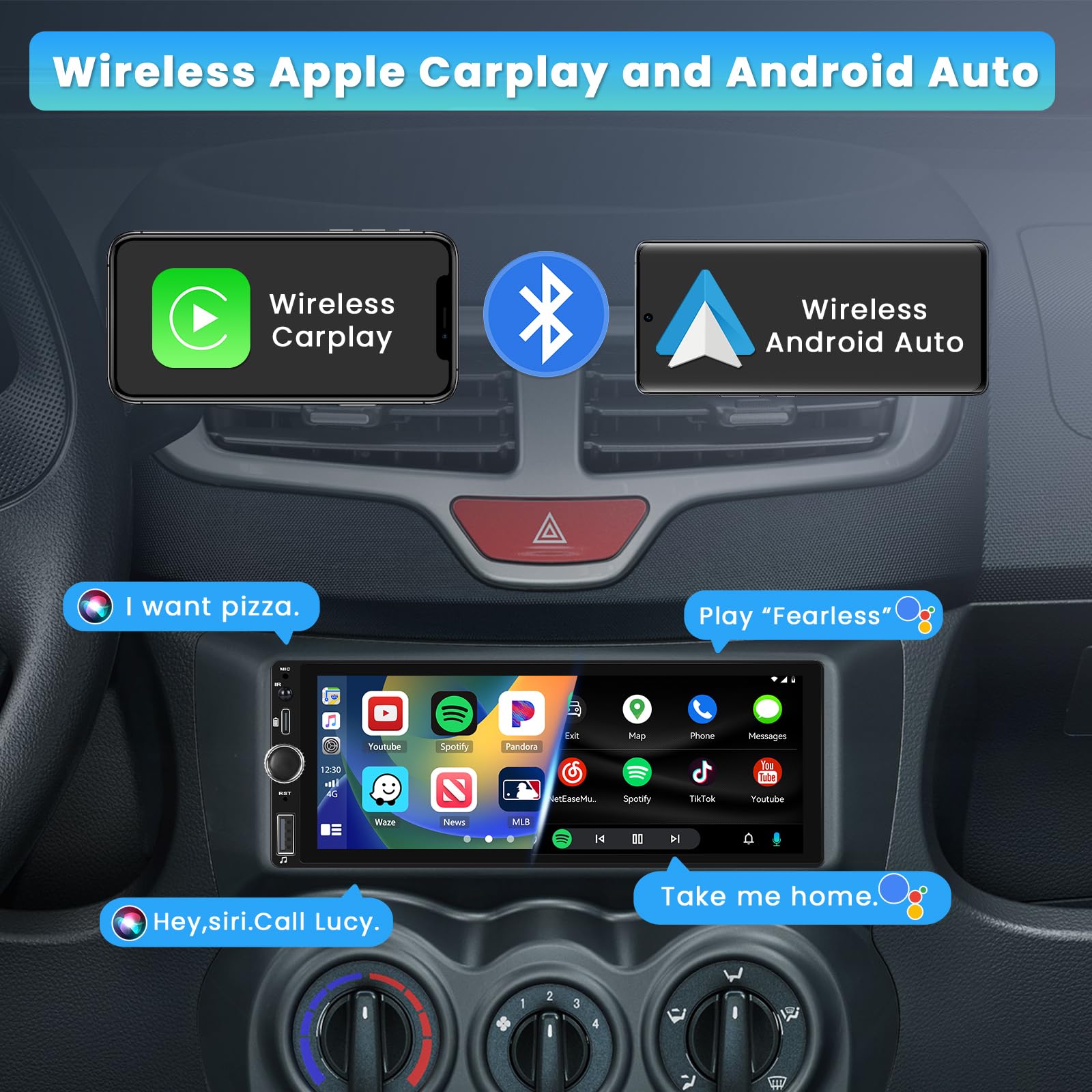Inefala 6.9 Inch Single Din Car Stereo With Wireless Carplay Android Auto Hd Touchscreen Radio Receiver With Bluetooth 5.1 Audio