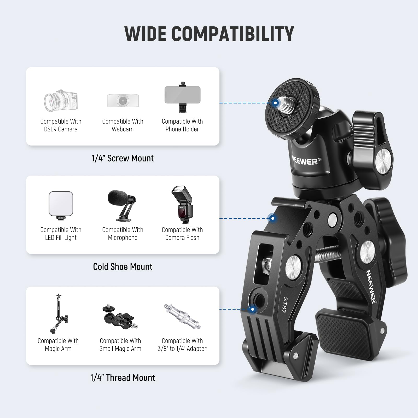 Neewer Super Clamp With Ballhead, Cold Shoe, Phone Holder And Action Camera Mount Adapter For Flat/Round Surface Compatible With