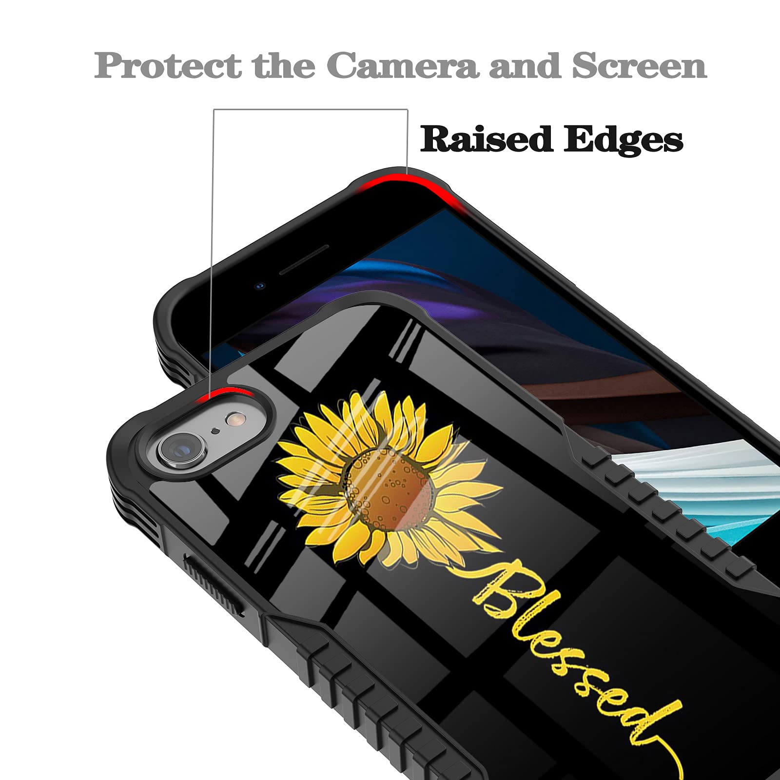 FJyuanqi Cute Sunflower Blessed iPhone SE 2022/2020 Case, Heavy Duty Shockproof Hard Plastic & Soft Silicone for iPhone 6/7/8