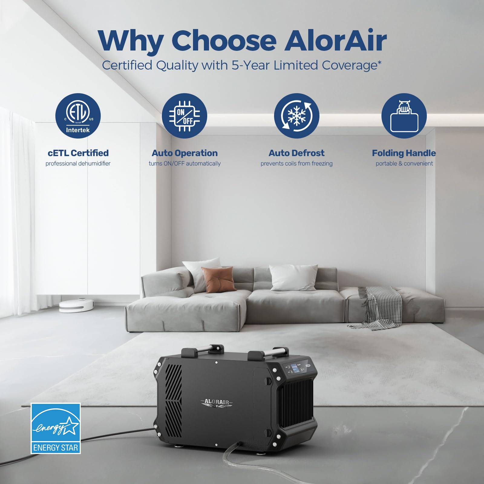 Alorair Crawlspace Dehumidifiers Energy Star, 145 Pint Commercial Dehumidifier For Basements With Drain Hose, 1,800 Sq.Ft Auto D