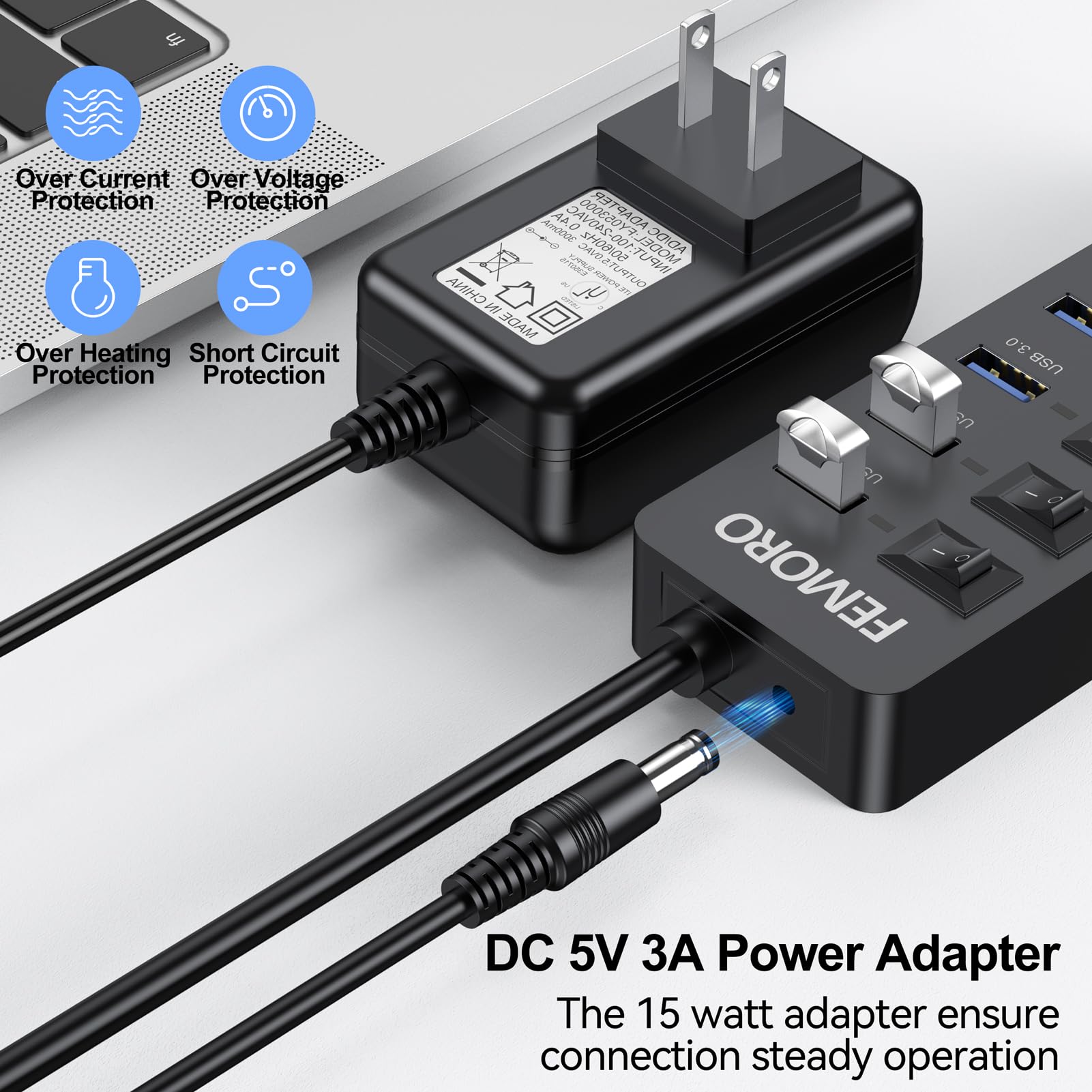 Powered Usb Hub 3.0, 5Gbps Data Transfer 7 Ports And 12W Charging Only 1 Port With 5V/3A Power Adapter 4Ft Long Cable & Individual Led Switches For Laptop Pc Flash Drive Ssd Hdd Keyboard Mouse...
