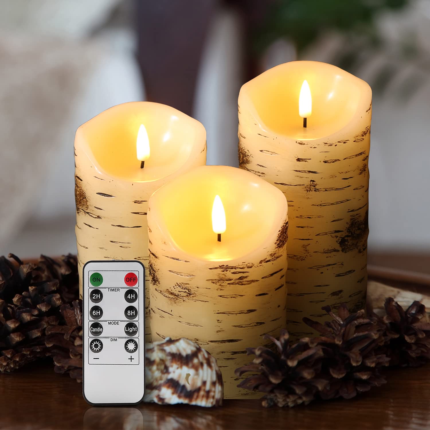 Eywamage Birch Bark Flameless Pillar Candles With Remote, Flickering Rustic Battery Led Wood Candles Set Of 3