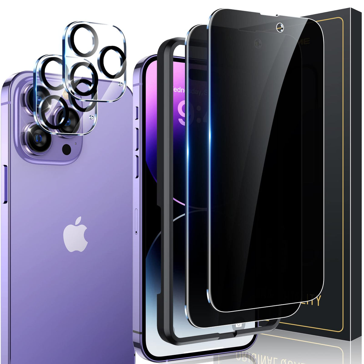 Uniqueme [2+2+1 Pack For Iphone 14 Pro Max 6.7 Inch Privacy Screen Protector, Camera Lens Protector With Installation Frame, Tem