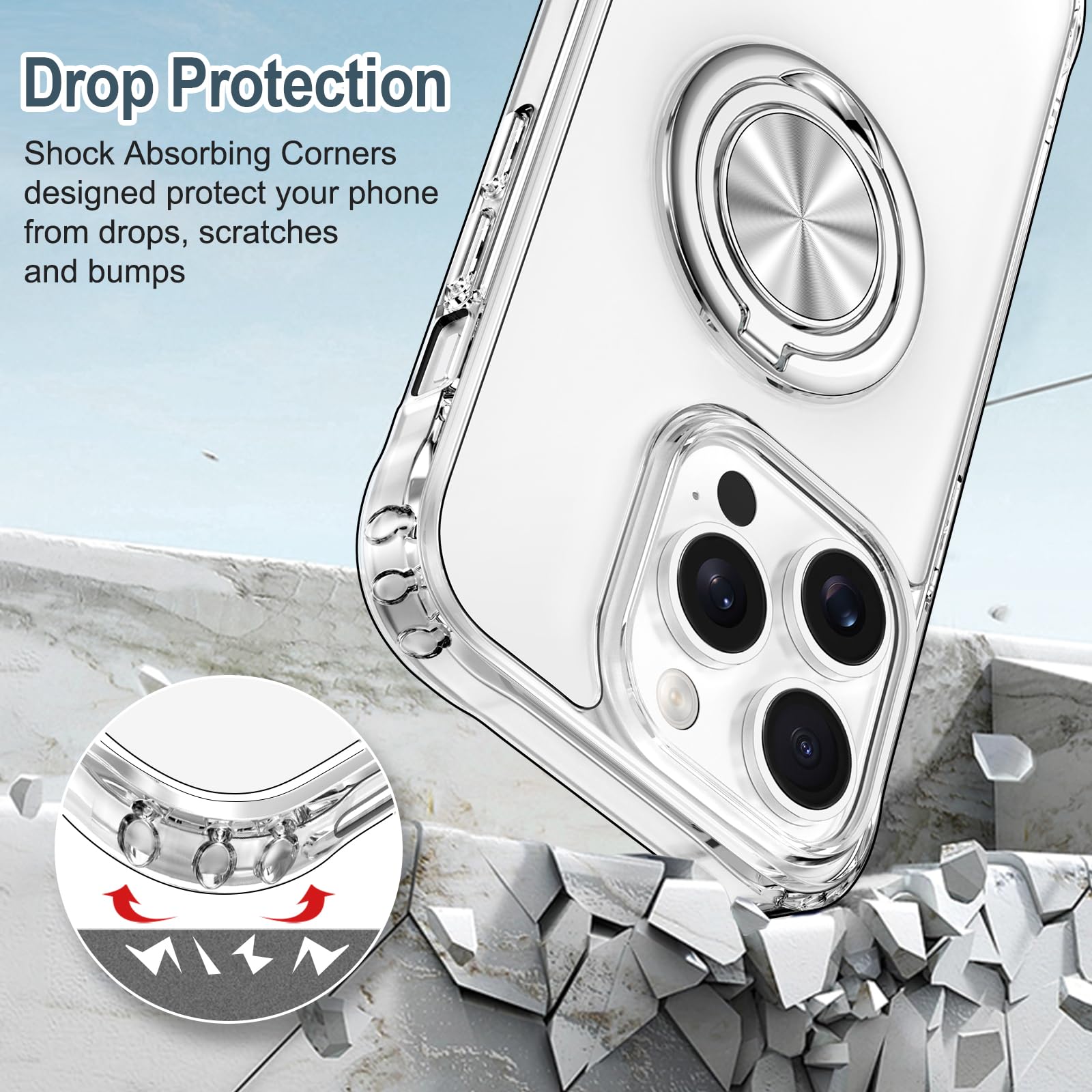 Hython Clear For Iphone 15 Pro Max Case With Ring Stand [360 Rotatable Ring Holder Magnetic Kickstand] [Support Car Mount] Trans