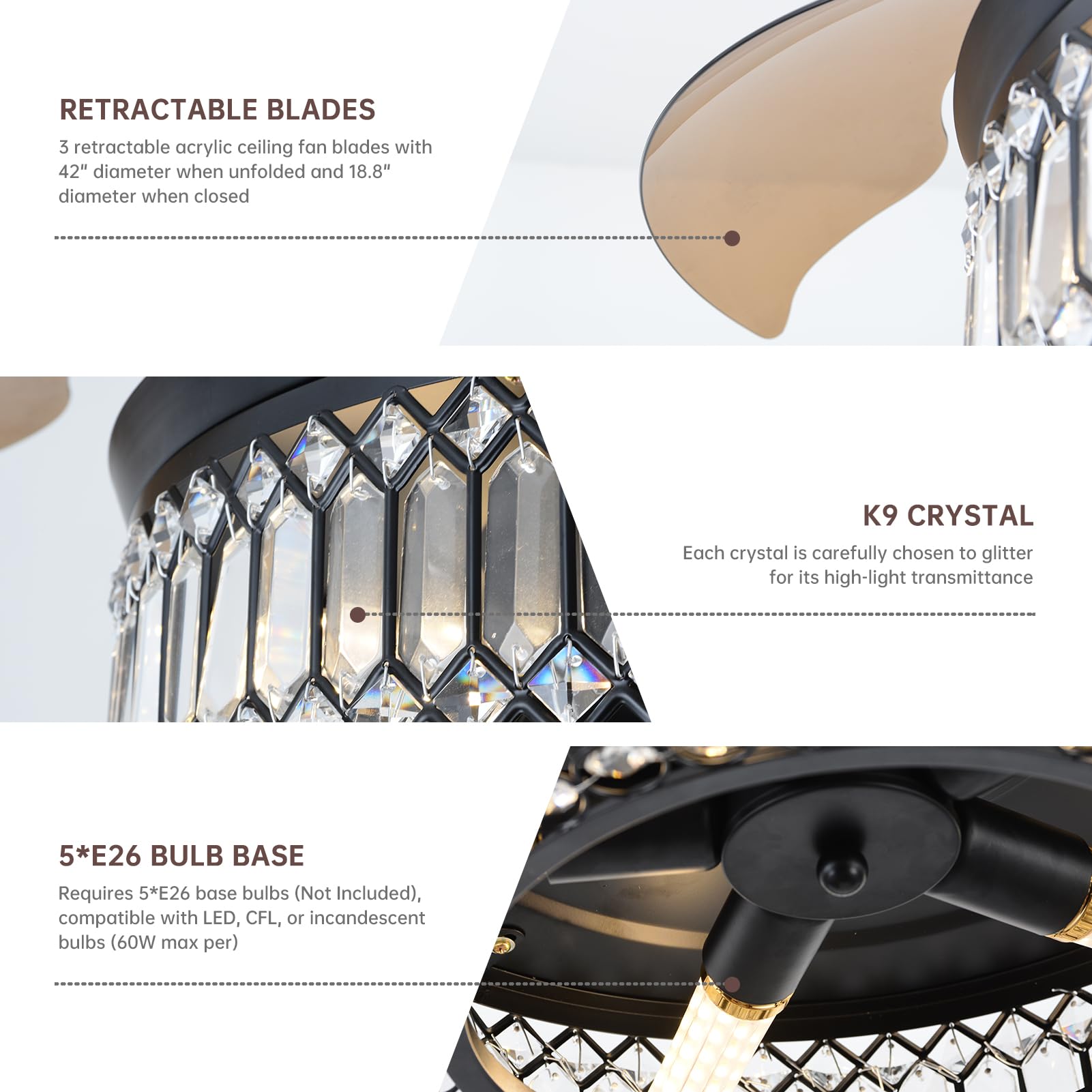 42 Inch Retractable Ceiling Fans With Lights And Remote, Modern Industrial Black Fandelier With 3 Retractable Abs Blades, Invisi