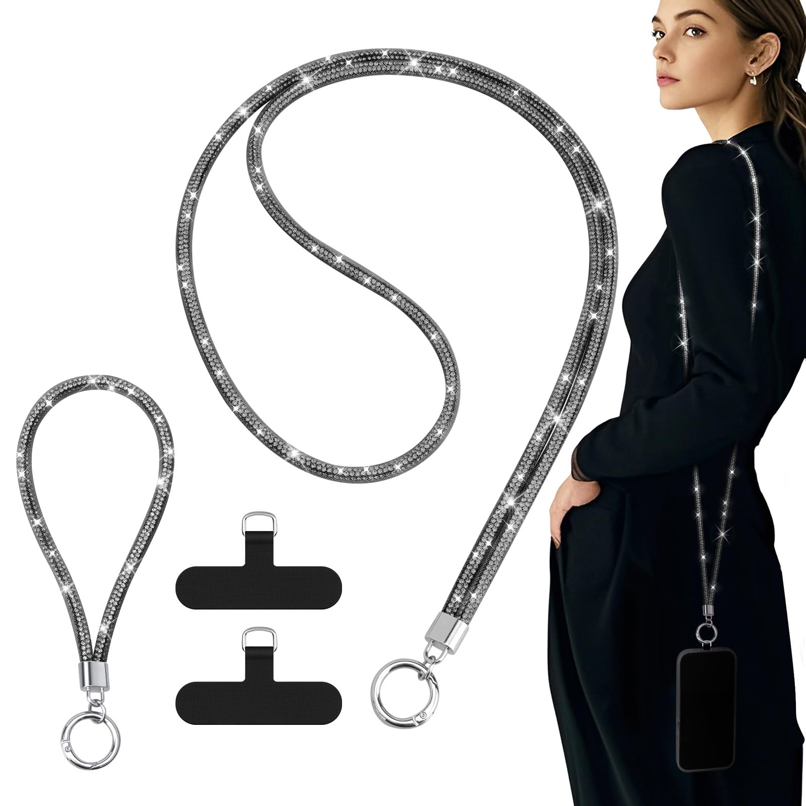 TiMOVO Universal Phone Lanyard Crossbody, Rhinestone Cell Phone Chain Anti-Theft with 1   Shiny Phone Strap, 1   Wrist Strap, 2 