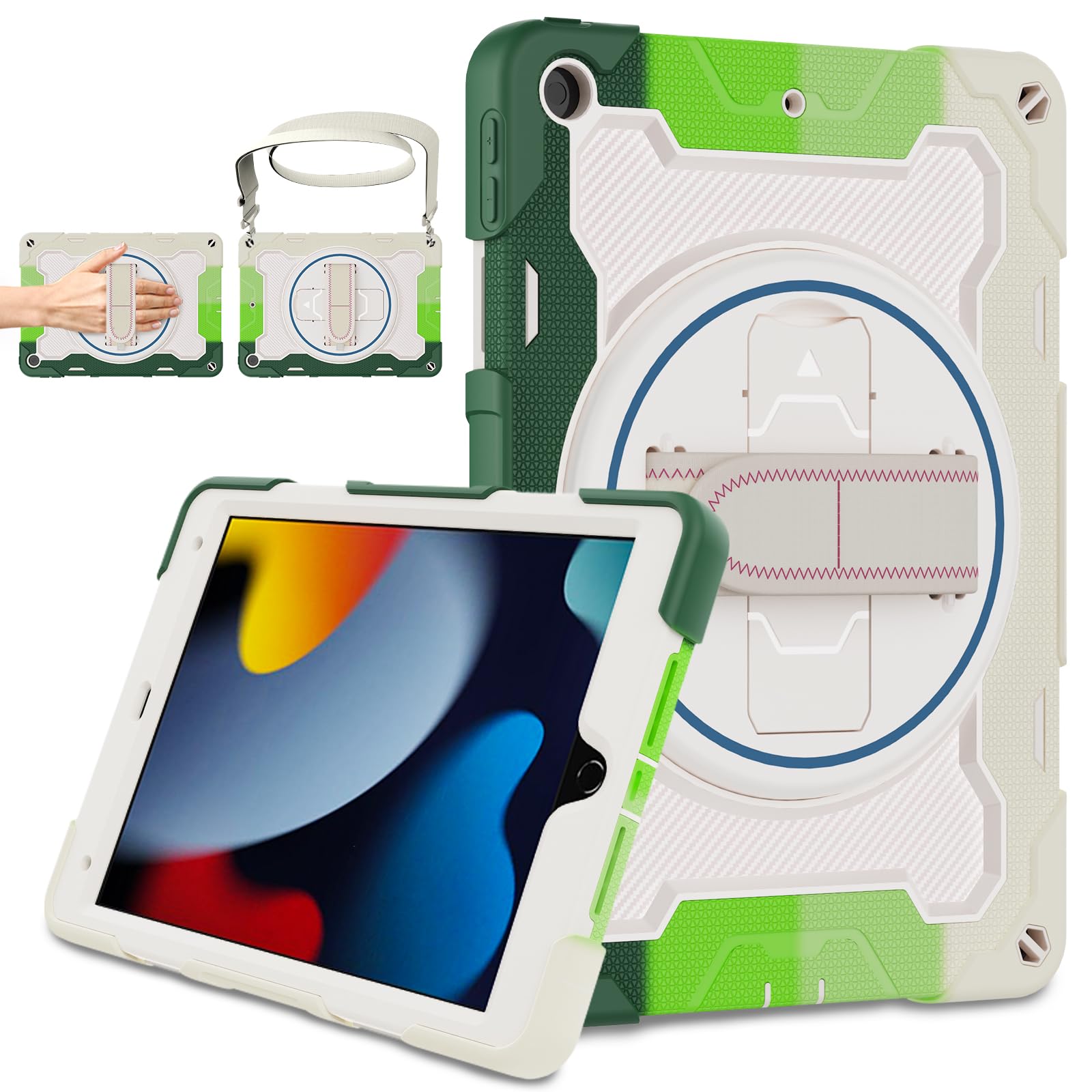 Rosrome Kids Case For Ipad 10.2 Inch Ipad 9Th/8Th/7Th Generation 2021/2020/2019 With Screen Protector,Rotating Stand Hand Strap 