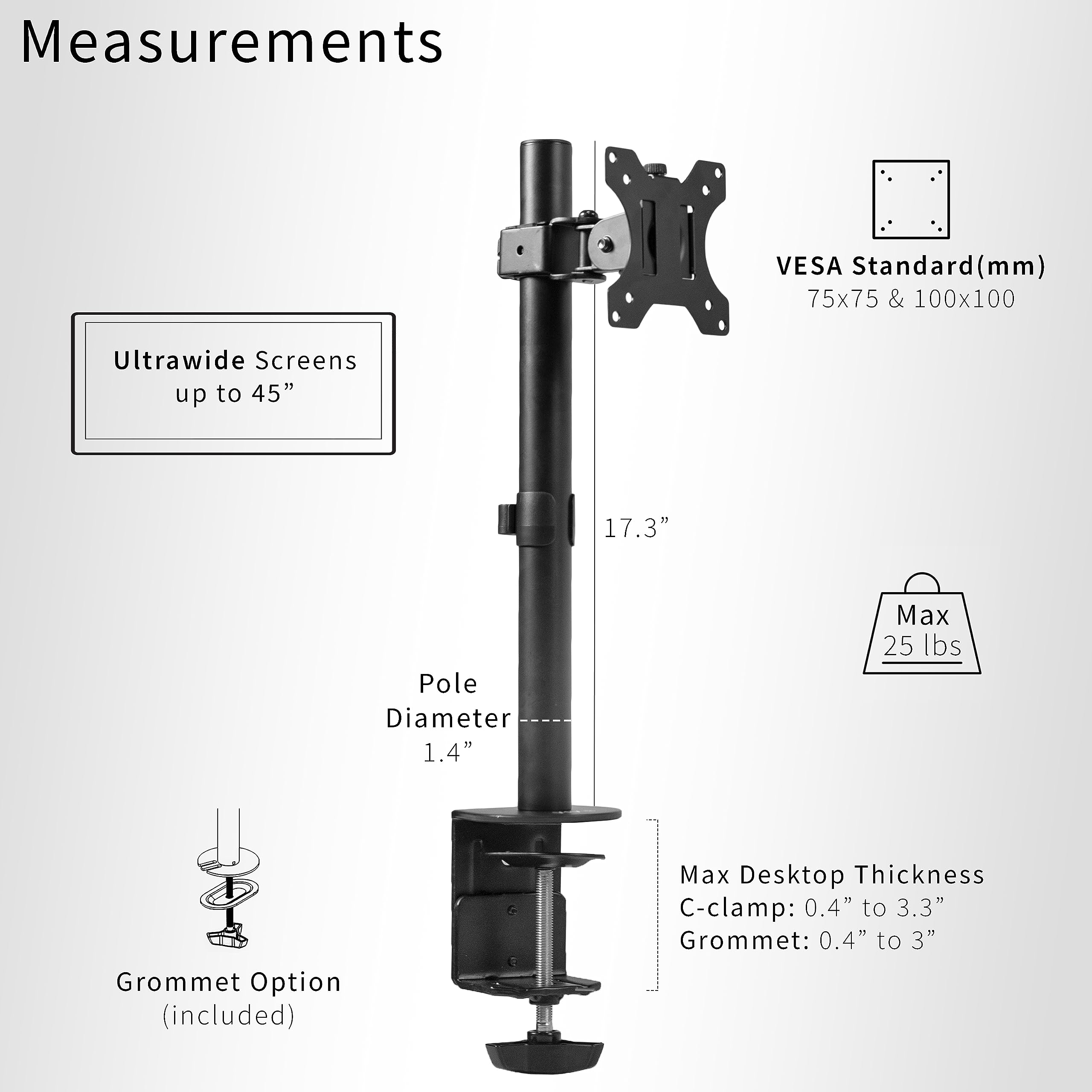 VIVO Clamp on Single Ultra Wide Monitor Desk Mount, Low Profile Heavy Duty Adjustable Stand for 1 Ultrawide Screen up to 49 inches, 44 lbs Capacity, Black, STAND V100C