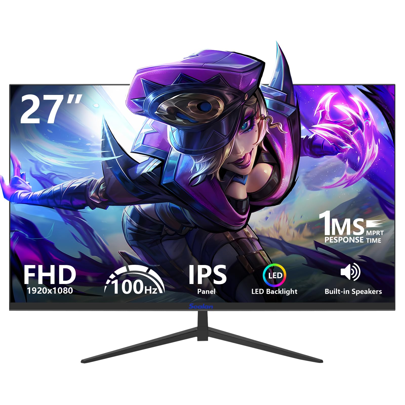 Sealan 27 inch Gaming Monitor IPS 100Hz Computer Monitor Built-in Speakers Full HD 1920 x 1080P with HDMI VGA Interface Eye Care
