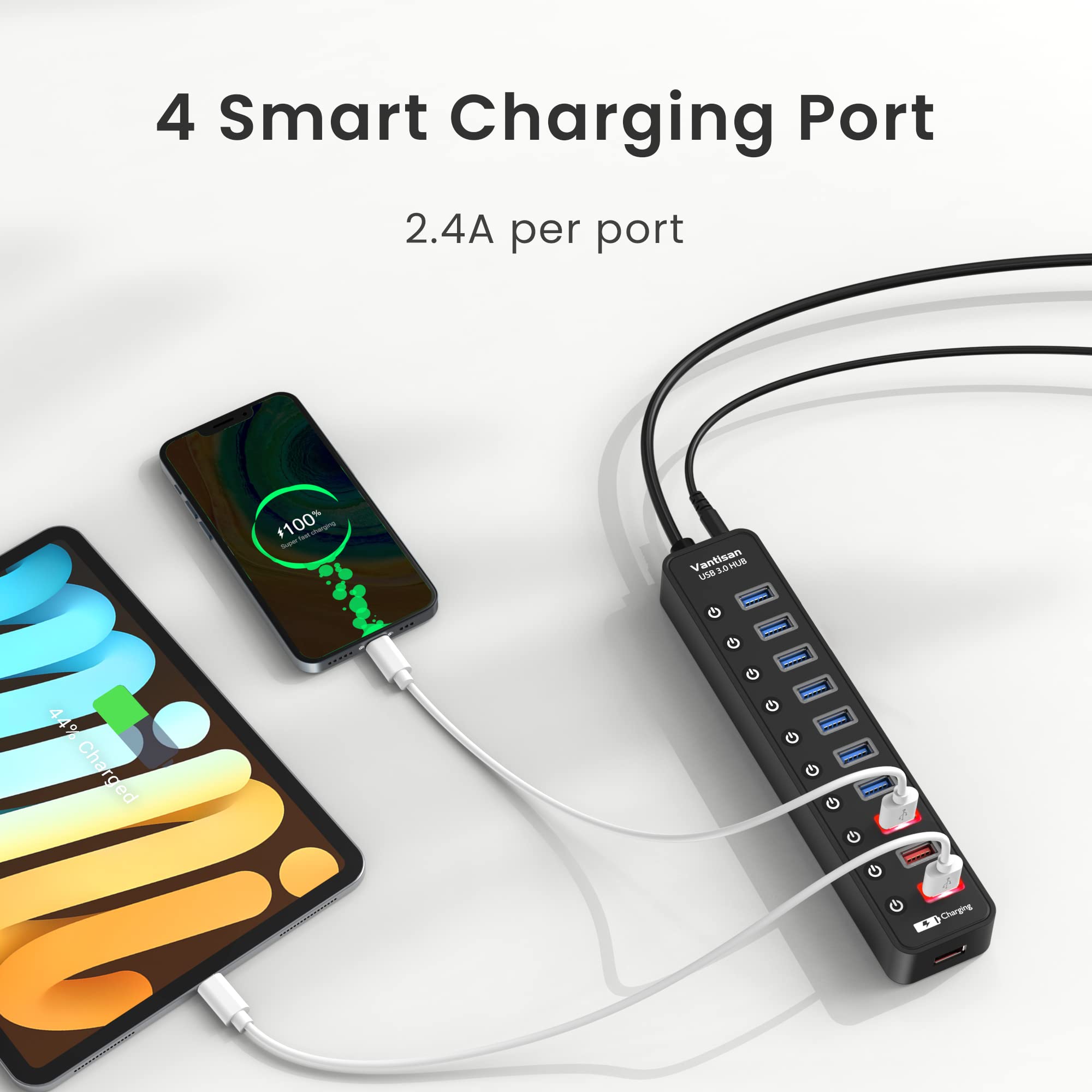 Vantisan Powered Usb 3.0 Hub, 11 Port Usb Hub Splitter Extension 7 Usb 3.0 Data Ports + 4 Smart Charging Ports With Individual L