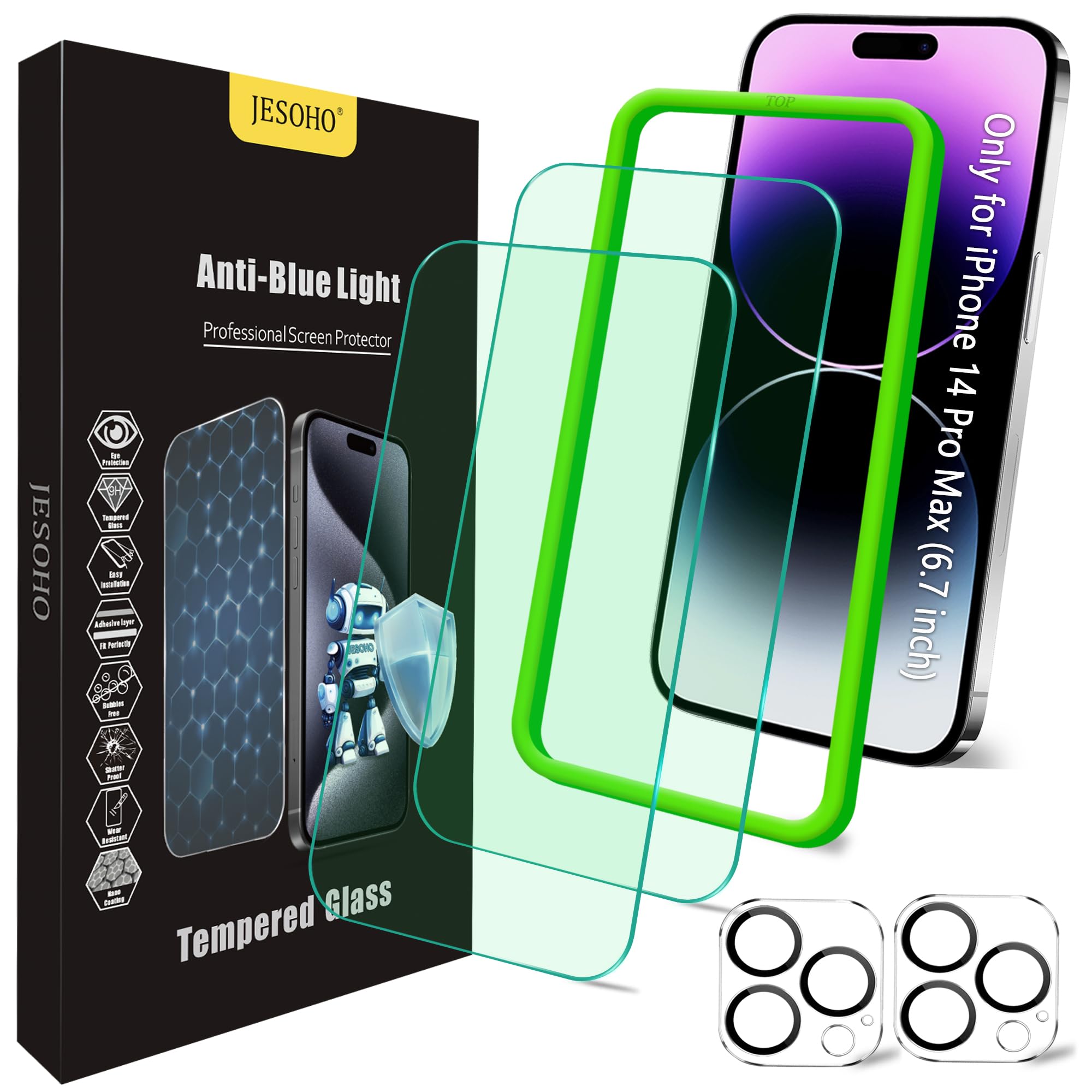 Jesoho Blue Light Screen Protector For Iphone 14 Pro Max (6.7'') & Camera Lens Protector,Eye Protection, Hd Blue Light Blocking