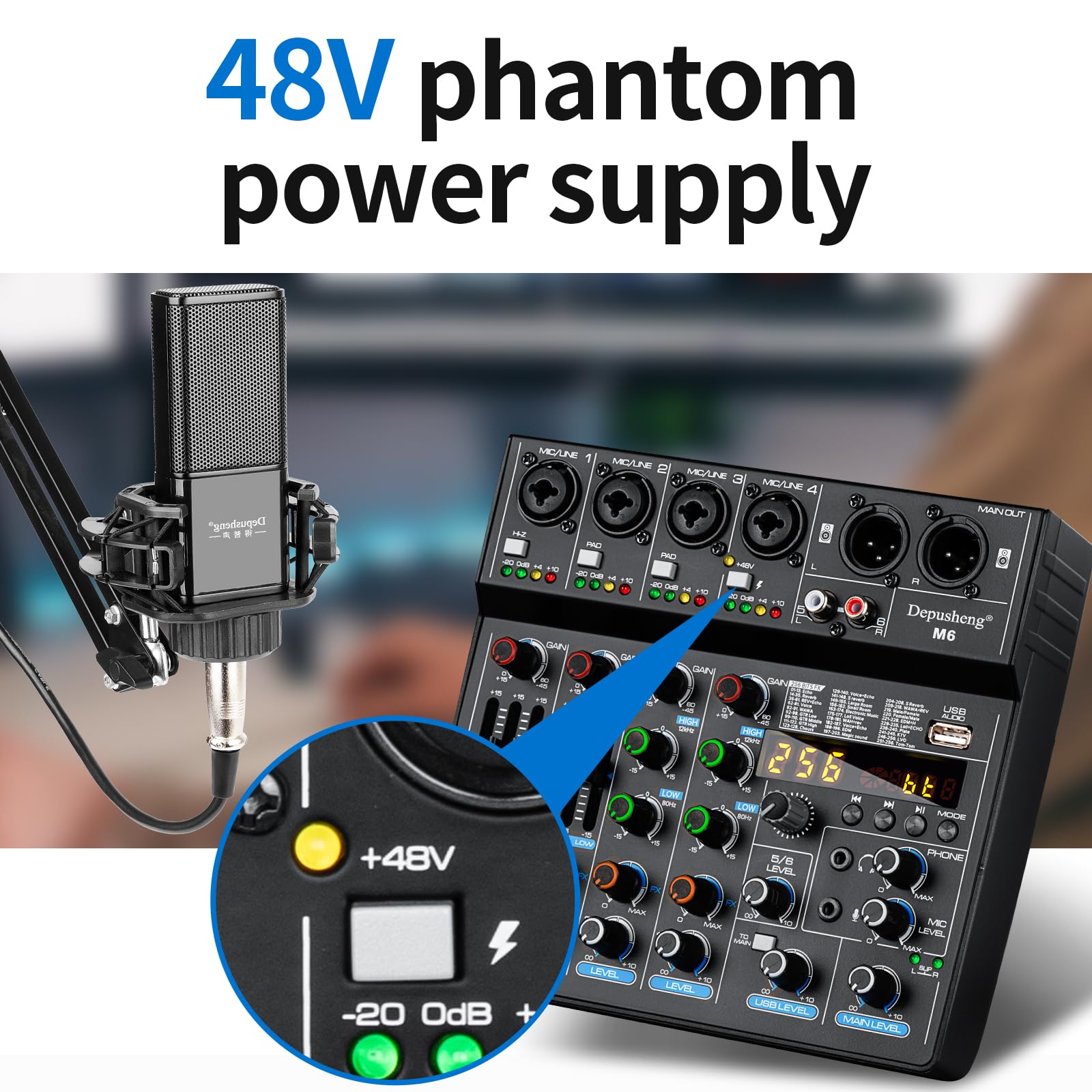 Depusheng M6 6 Channel Dj Mixer Portable Bluetooth Mp3 Sound Mixing Console Built-In 256 Digital Effects With 48V Phantom Power,