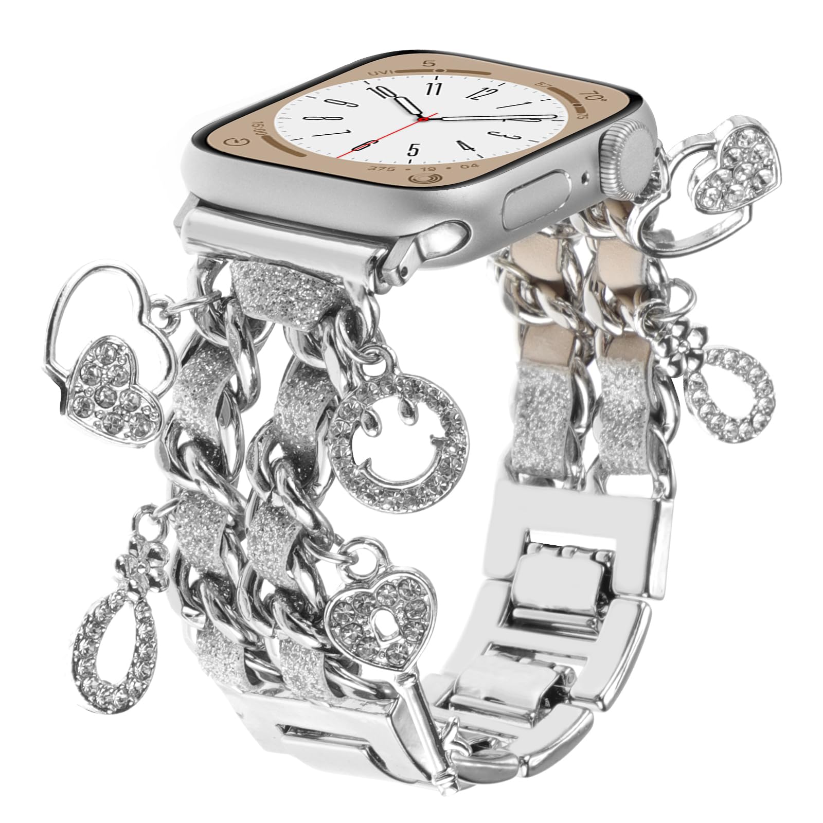 Realsign Stylish Metal Wristband Compatible With Apple Watch Band 42 44 45 46 49Mm,Cuban Chain Bracelet Key Love Smile Pendants