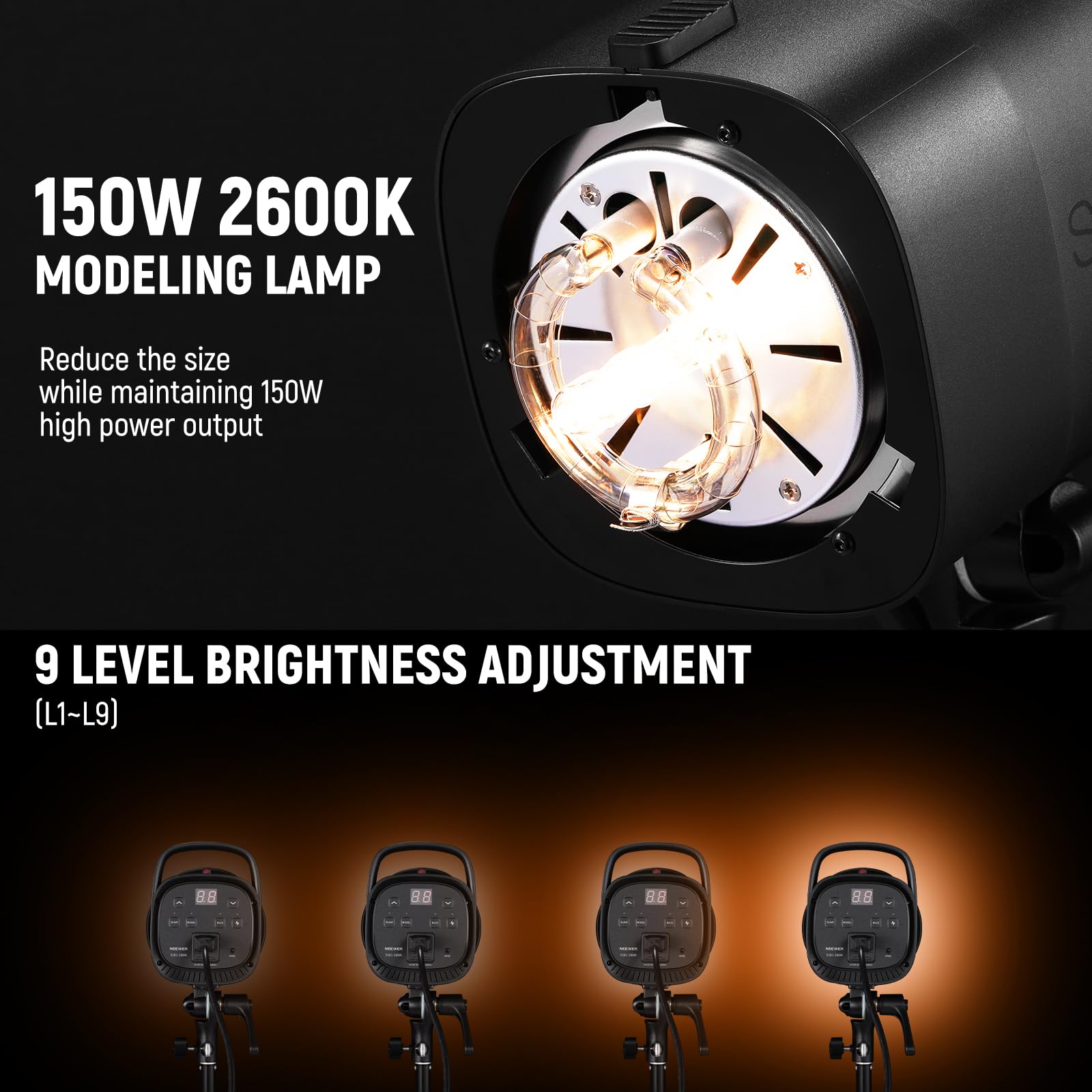Neewer S101 300W Strobe Flash Light With 9 Levels 150W Modeling Lamp, 300Ws Gn58 5600K With Standard Bowens Mount Reflector, S1/