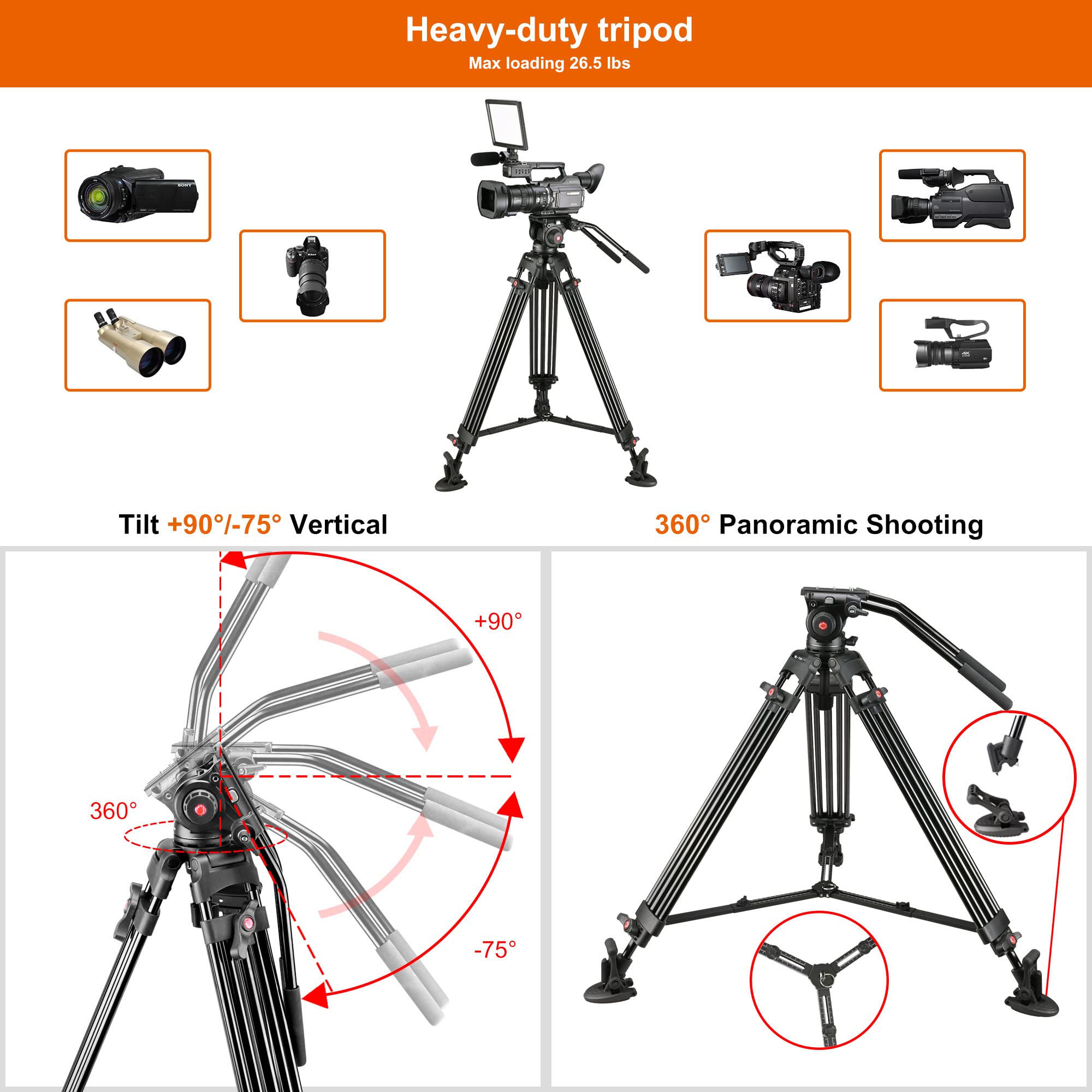 Magicline 65.7 Inch Heavy Duty Aluminum Video Camera Tripod With Fluid Head, 2 Pan Bar Handles, Adjustable Mid-Level Spreader,Qr