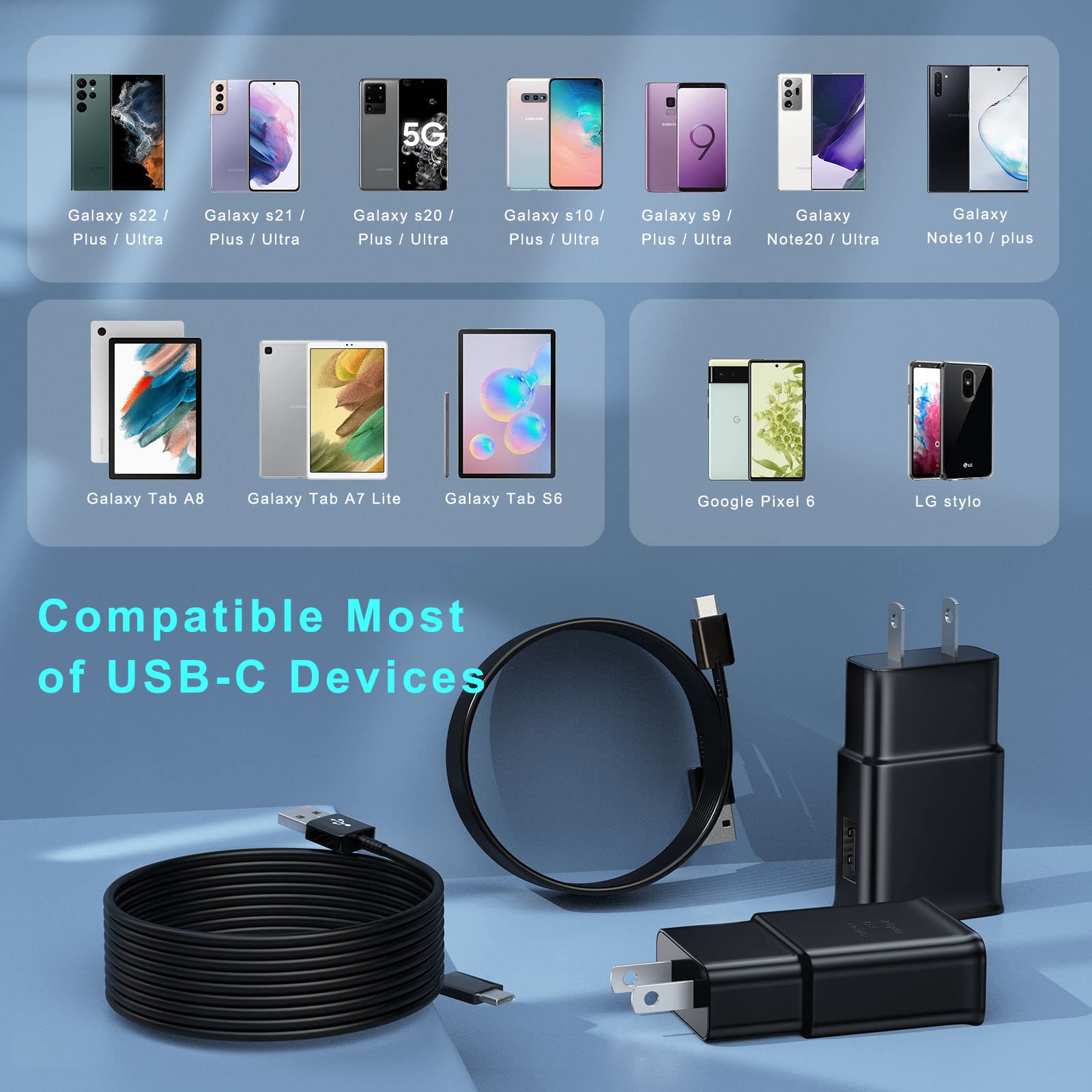 Ubearkk Type C Android Phone Charger - 10FT Fast Charging Cable, Black, 2-Pack for Samsung Galaxy S10/S20/Note 20 & More