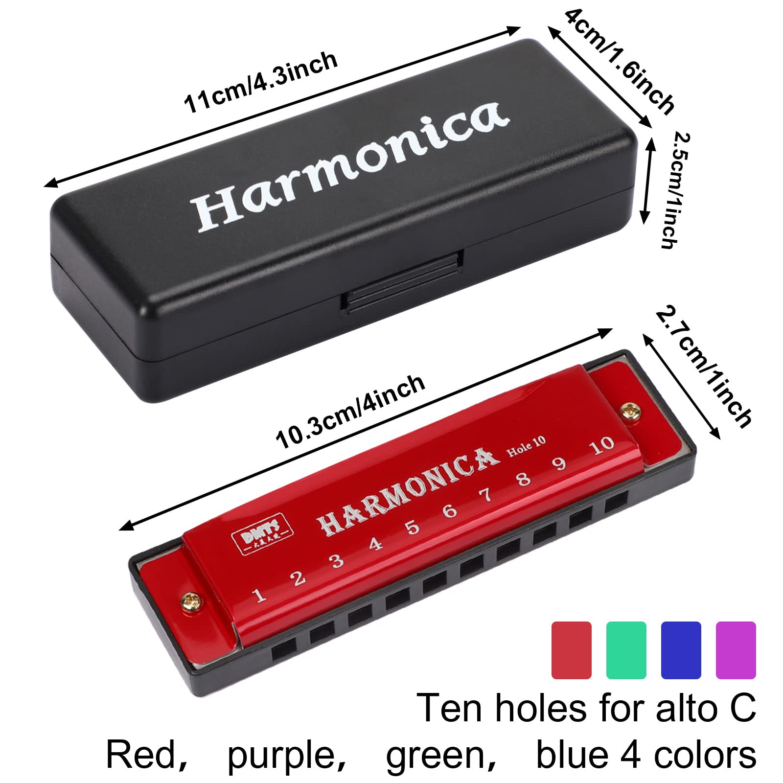 Upins 4Pcs Key Of C 10 Hole 10 Tones Titanium Color Harmonica With Case For Beginner Students(Red, Blue, Green, Purple)