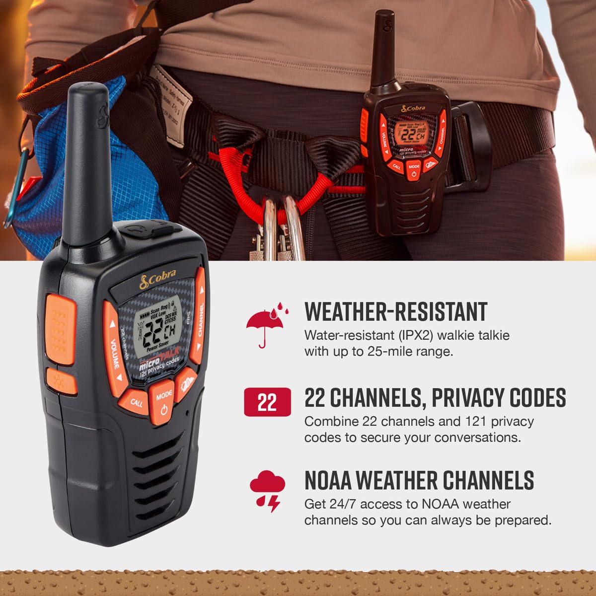 Cobra Acxt345 Weather Resistant Walkie Talkies   Rechargeable, 22 Channels, Long Range 25 Mile Two Way Radio Set (2 Pack)