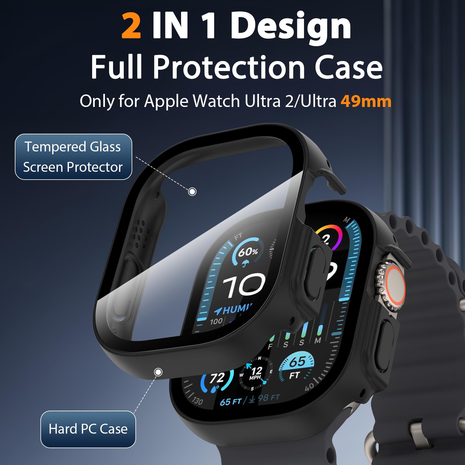 Ewuonu 2 Pack Hard Case For Apple Watch Ultra 3/2/Ultra 49Mm Screen Protector, Tempered Glass Bumper Anti Scratch Hd Ultra Thin