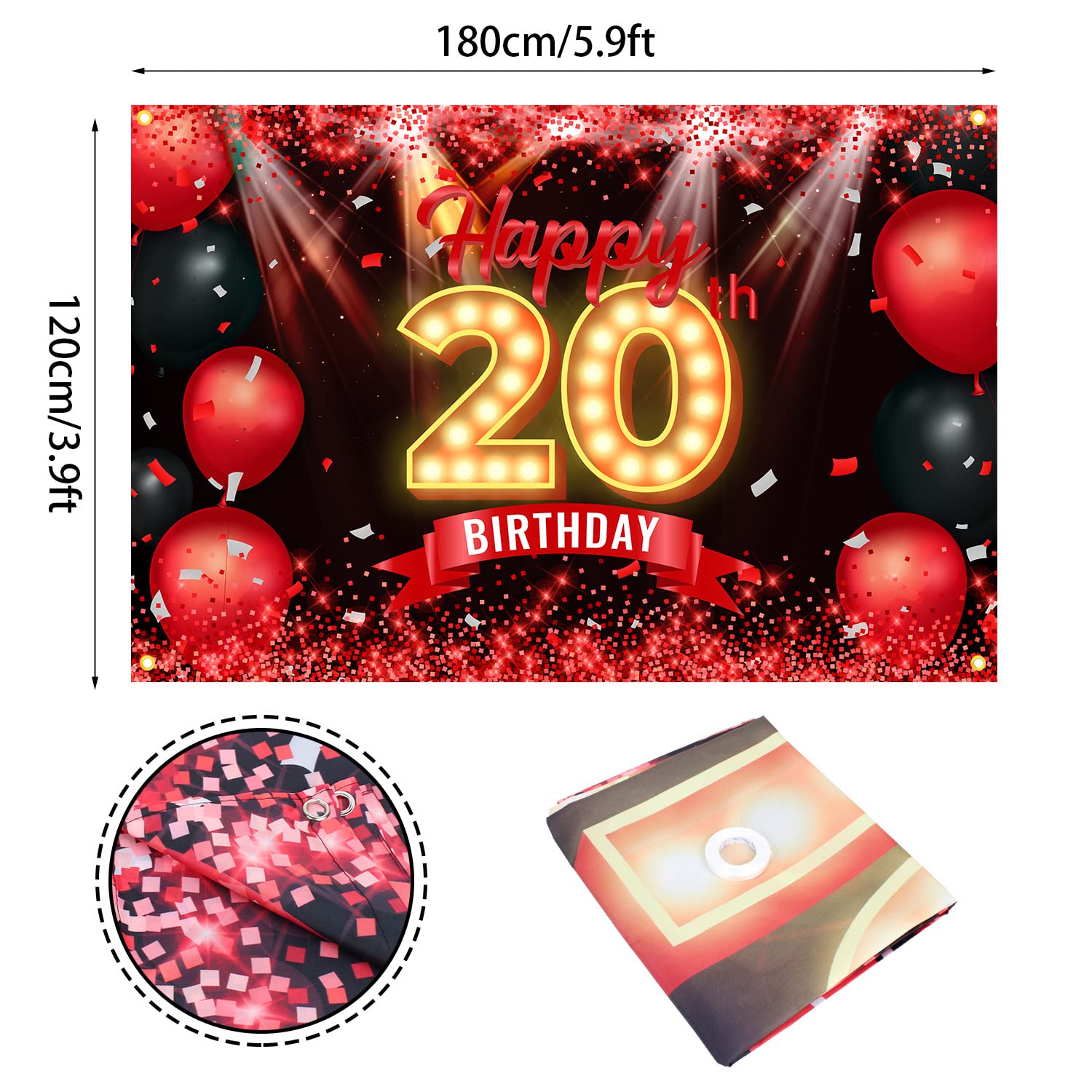 Happy 20Th Birthday Banner Backdrop Red And Black 20 Years Old Background Bday Decorations For Girls Women Boys Men Photography