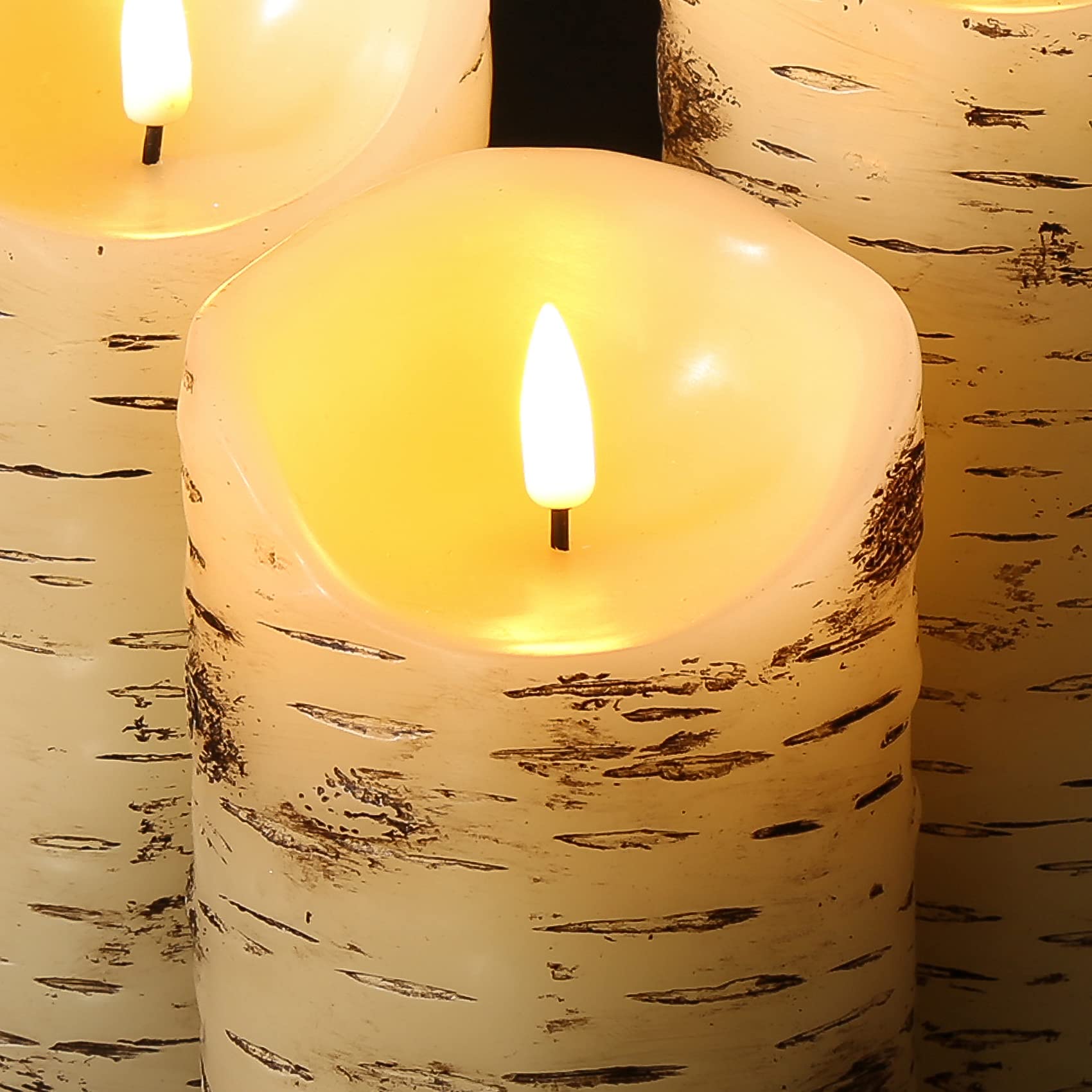 Eywamage Birch Bark Flameless Pillar Candles With Remote, Flickering Rustic Battery Led Wood Candles Set Of 3