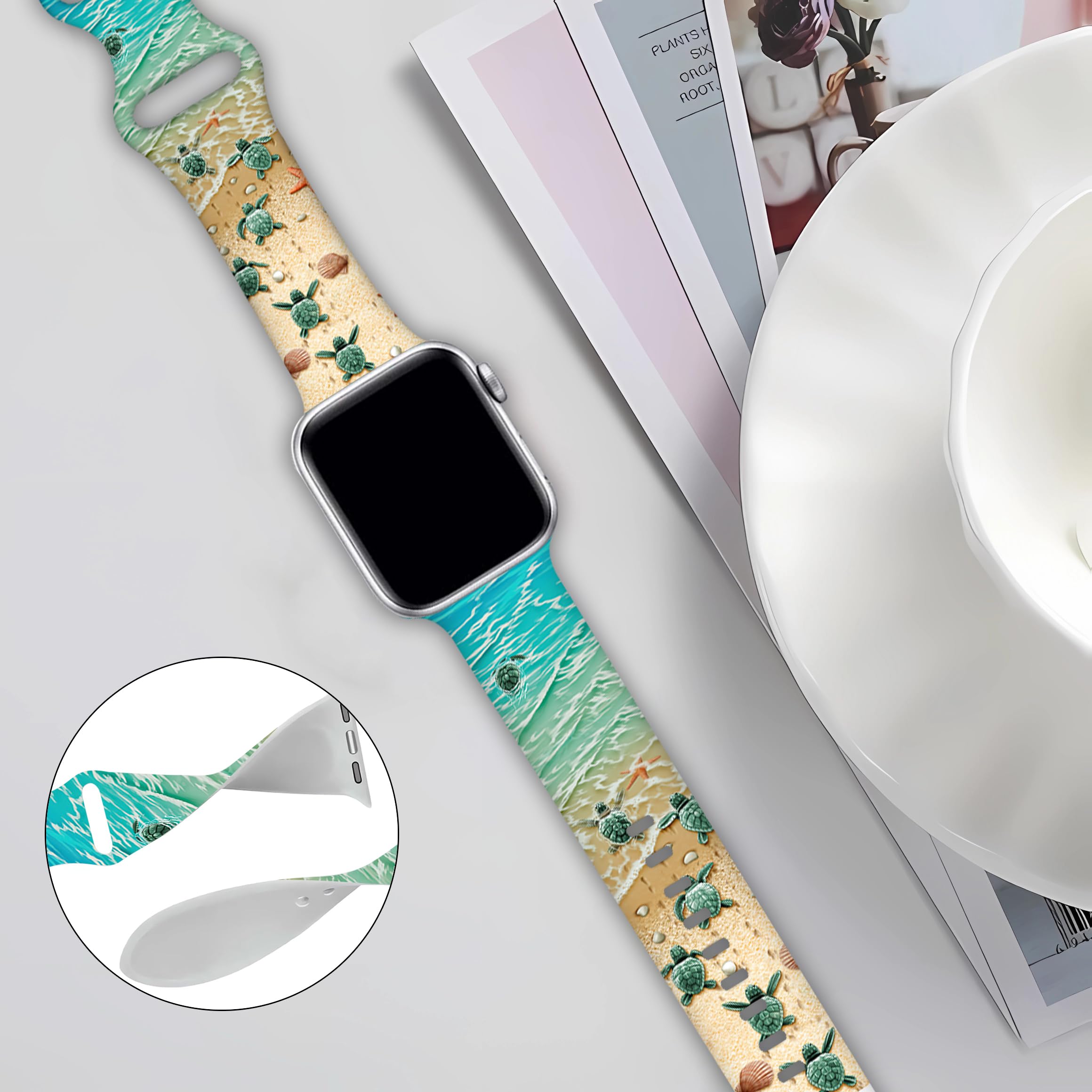 Cute Turtle Watch Band Ocean Beach Smartwatch Bands Compatible With Watch 42Mm 44Mm 45Mm Soft Silicone Strap Replacement For Ser