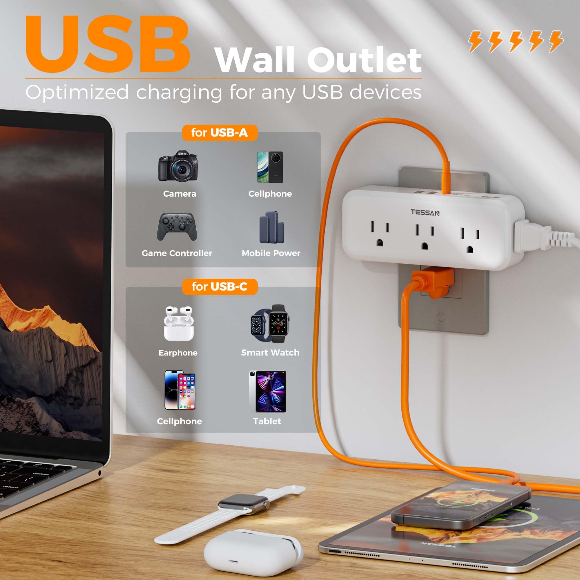 Multi Plug Outlet Splitter, Tessan Surge Protector Outlet Extender With 5 Outlets And 3 Usb (1 Usb C), 3 Way Multiple Plug Expan