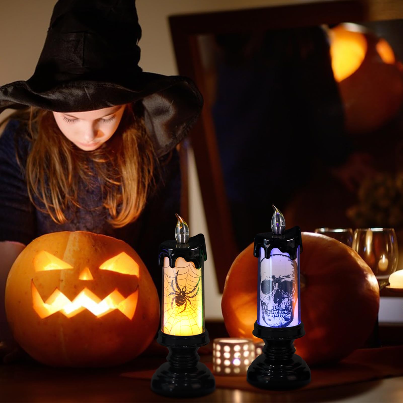 Lasumora 3Pcs Led Pillar Candles With Remote Timer, Battery Operated Halloween Flameless Candles, Skull, Spider, Crow Flickering