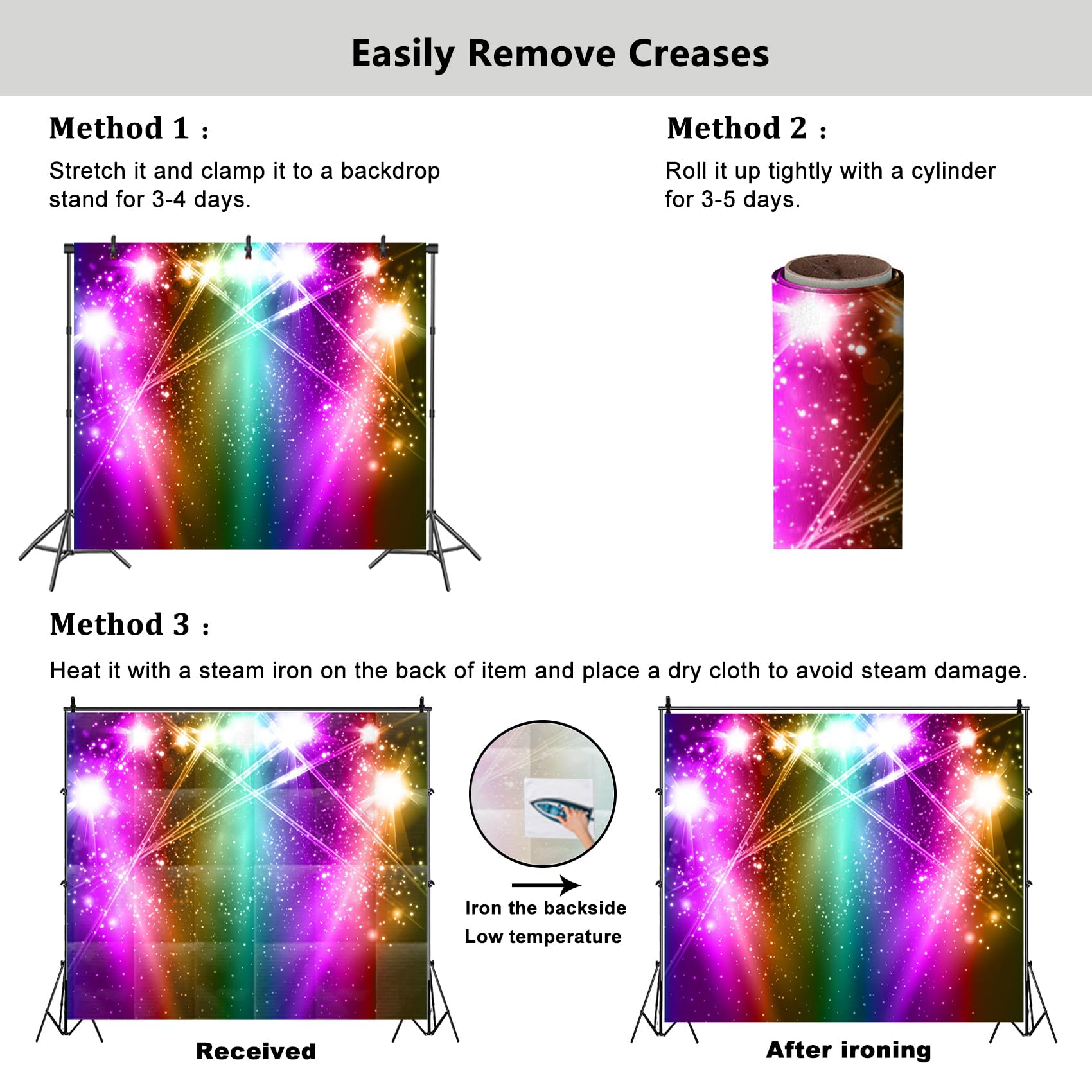 Yongfoto 8X8Ft Rainbow Color Stage Backdrop Glitter Sparkle Purple Pink Orange Green Spot Light Photography Background Birthday