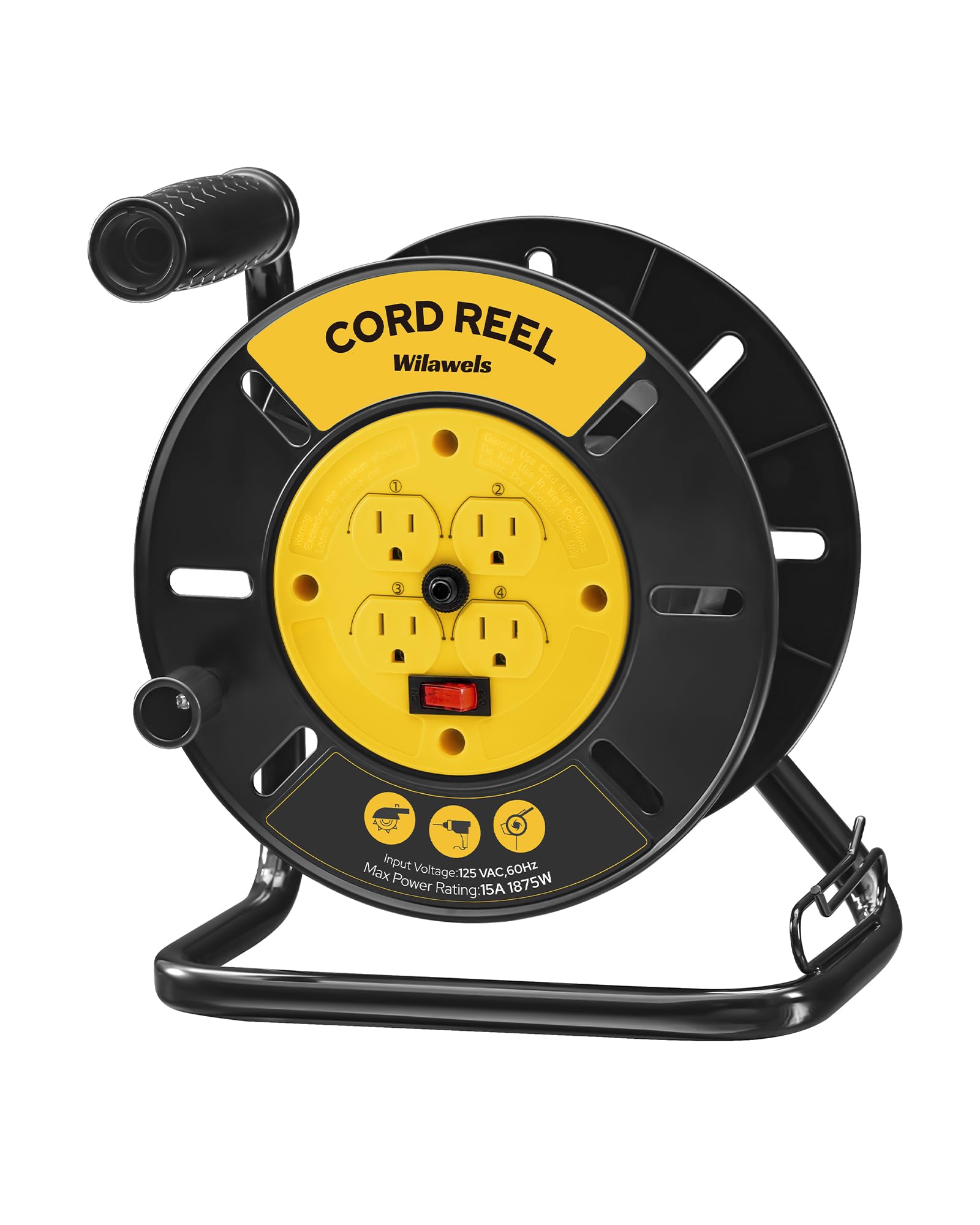 Wilawels Extension Cord Storage Reel With 4 Grounded Outlets, 15A Circuit Breaker, Heavy Duty Open Cord Reel For 12/3,14/3,16/3