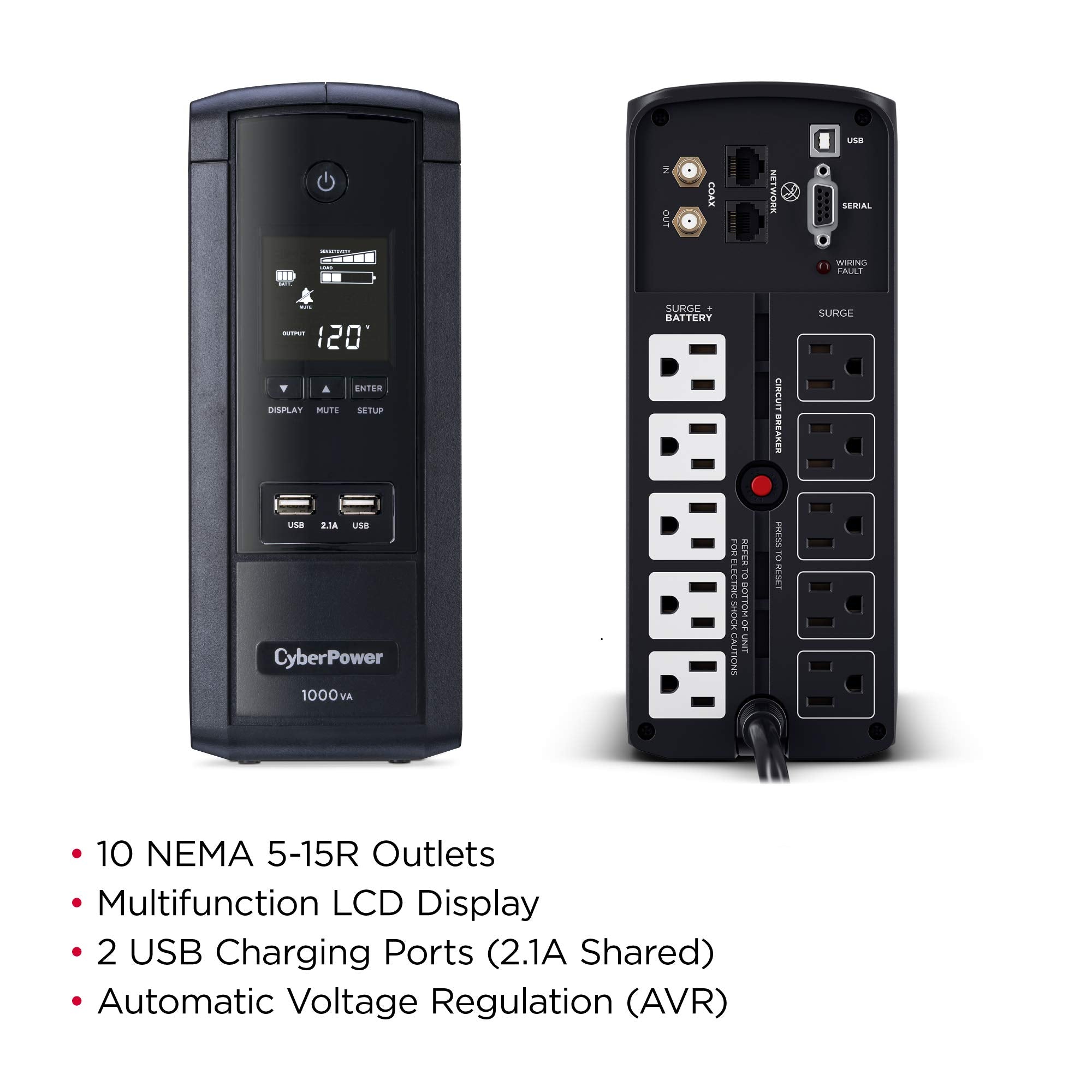 Cyberpower Brg1000Avrlcd Intelligent Lcd Ups System, 1000Va/600W, 10 Outlets, Avr, Mini Tower, 5 Year Warranty