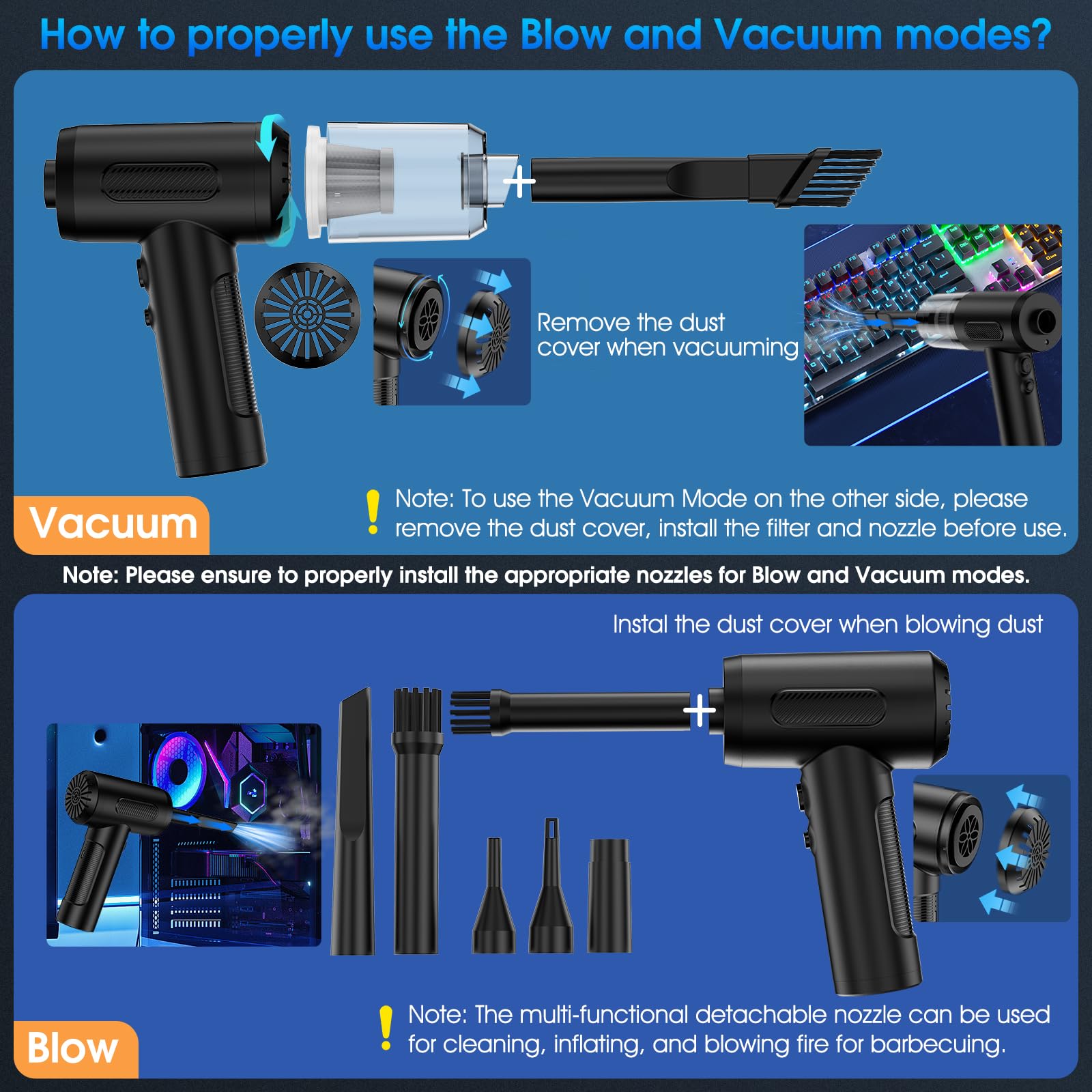 Kopidoe Compressed Air Duster, 100000Rpm Handheld Car Vacuum/Air Blower& Pump, 3 Gear Adjustable Electric Air Duster/Car Vacuum