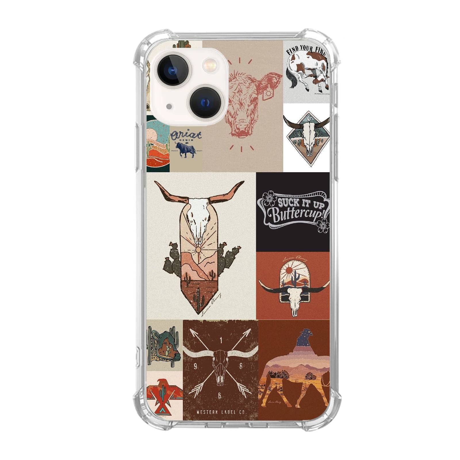 Wizeyake Western Country Collage Phone Case Compatible With Iphone 14, Boho Western Cow Horse Collage Trendy Cool Girl Boy Case 