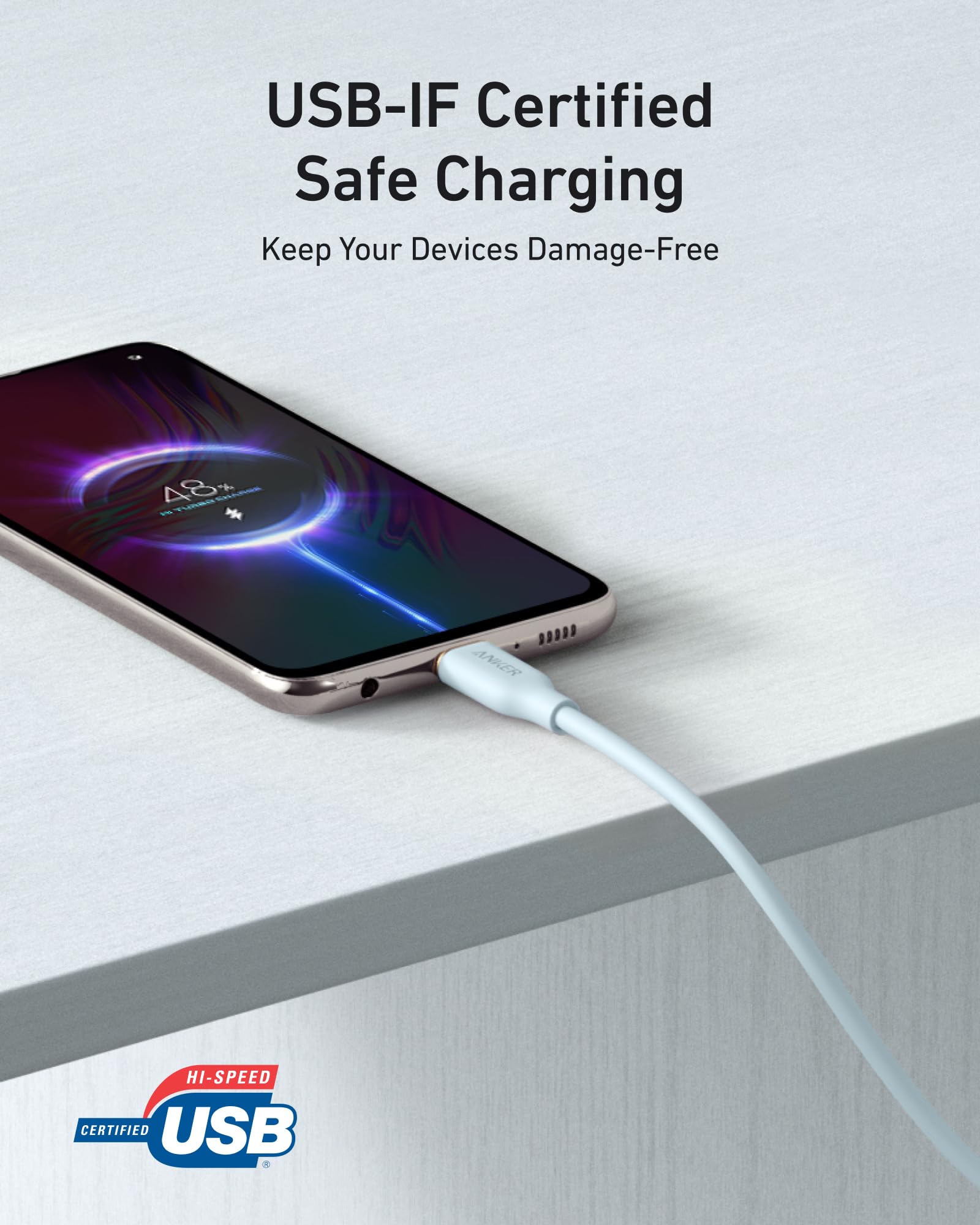 Anker USB-A to USB-C Flow Cable A85G1 Silicone 6FT Blue for iPhone 15/Samsung S23
