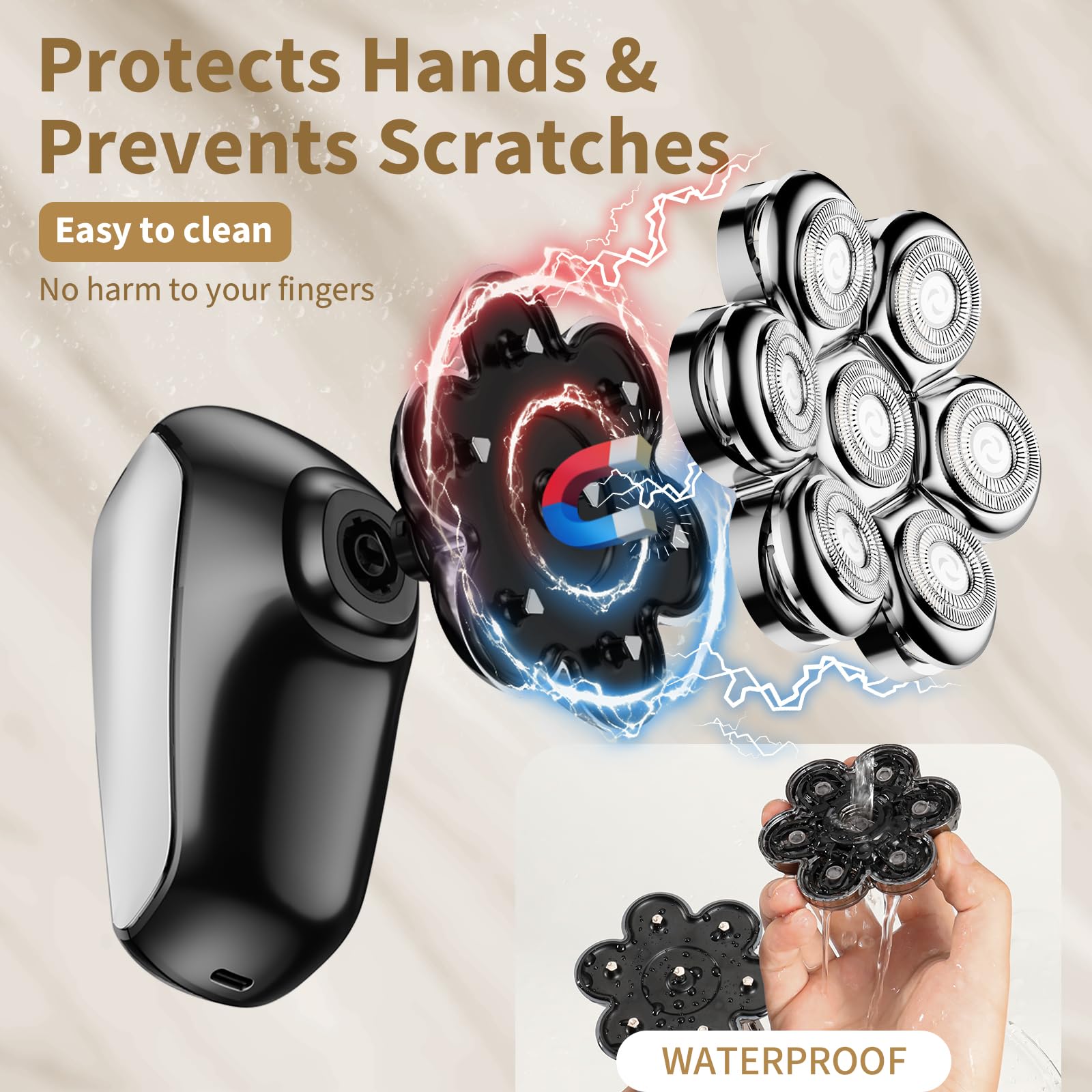 Detachable Head Shavers, Shpavver 5 In 1 Electric Razor Ipx7 Waterproof For Bald Men, Wet Dry Led Display Rechargeable 7D Rotary