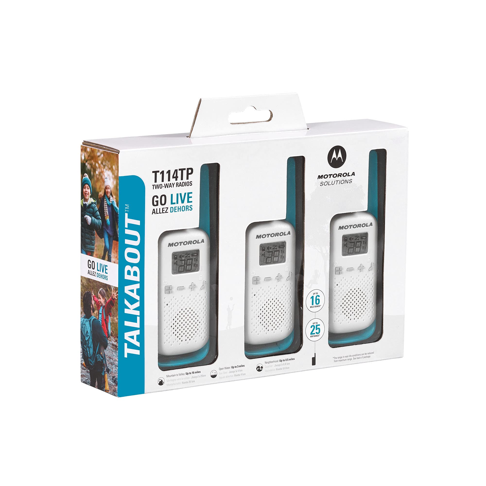 Motorola Solutions, Portable Frs, T114Tp, Talkabout, Two Way Radios, Battery Operated, 22 Channel, 16 Mile, White/Blue, 3 Pack