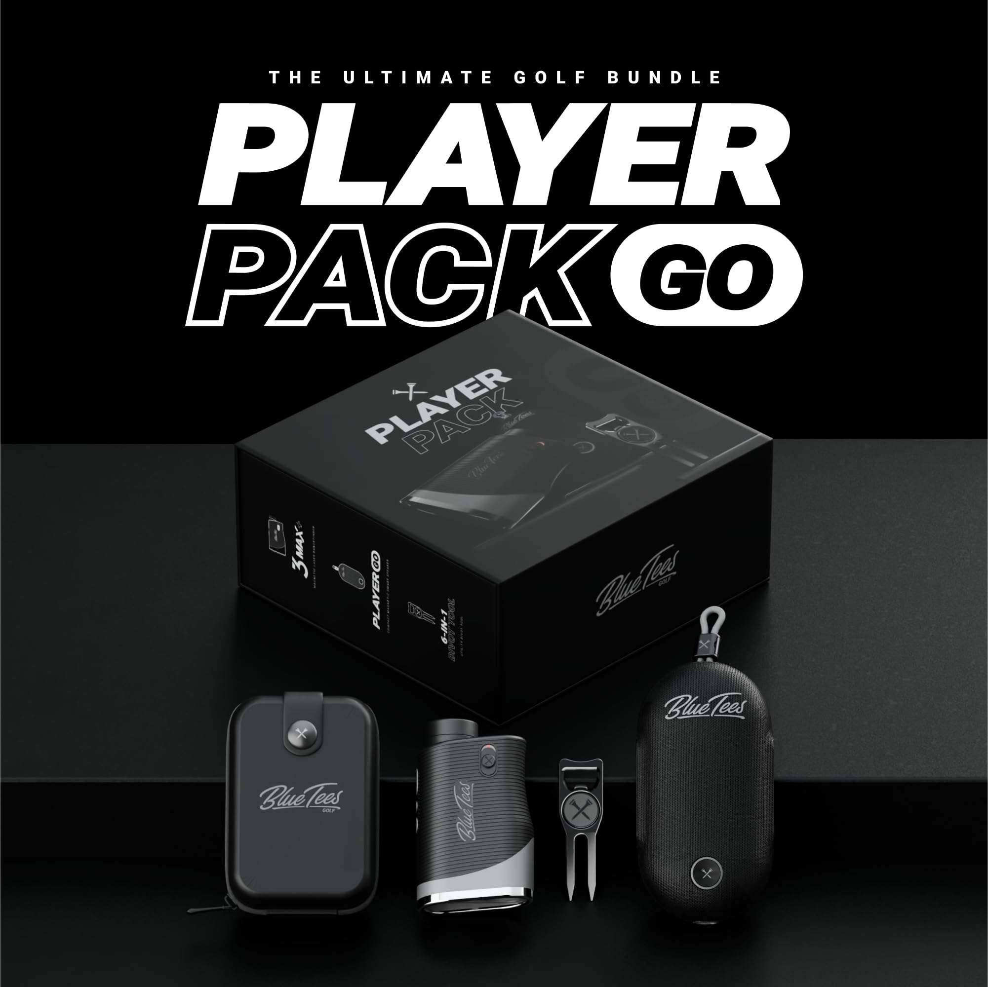 Blue Tees Golf Player Pack Go Bundle   Series 3 Max+ Rangefinder With Premium Case, The Player Go Gps Equipped Magnetic Speaker & Premium 6 In 1 Utility Divot Tool   The Complete Golf Bundle