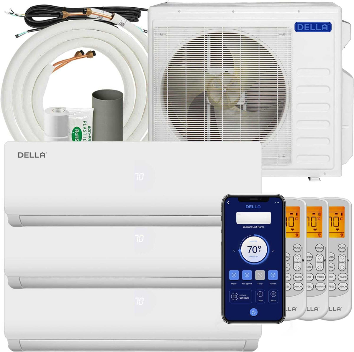 Della 27K Btu Odu Tri 3 Zone 9K 9K 9K Btu Works With Alexa, 19 Seer2 208 230V Cools Up To 1200 Sq.Ft, Wifi Energy Efficient Mult