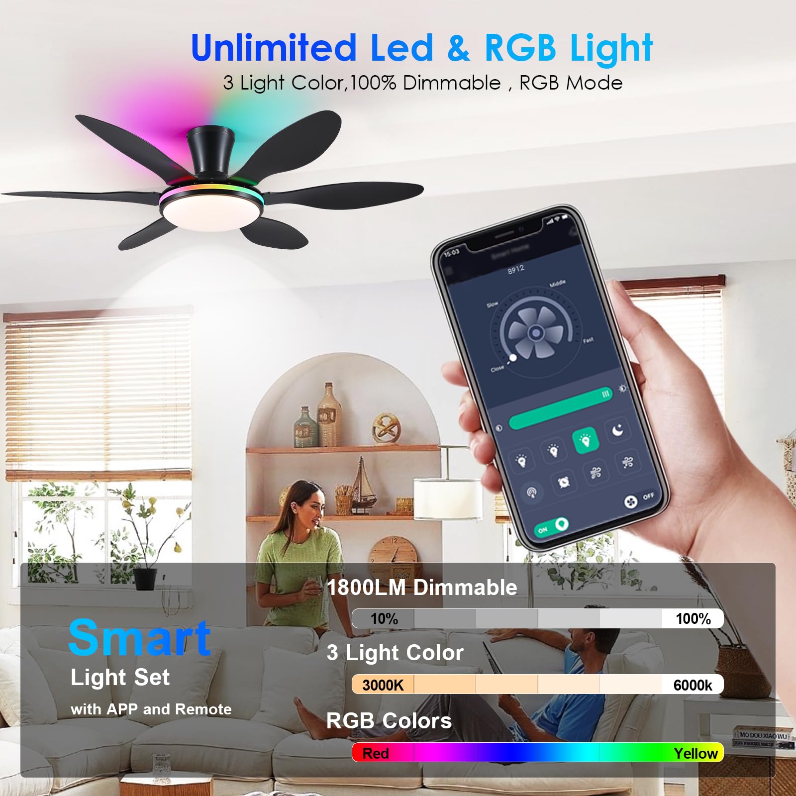 Bayday Ceiling Fans With Lights, Flush Mount Ceiling Fan Led Lights Quiet Dc Dimmable 6 Blades (Black Fan, Led Light + Side Rgb