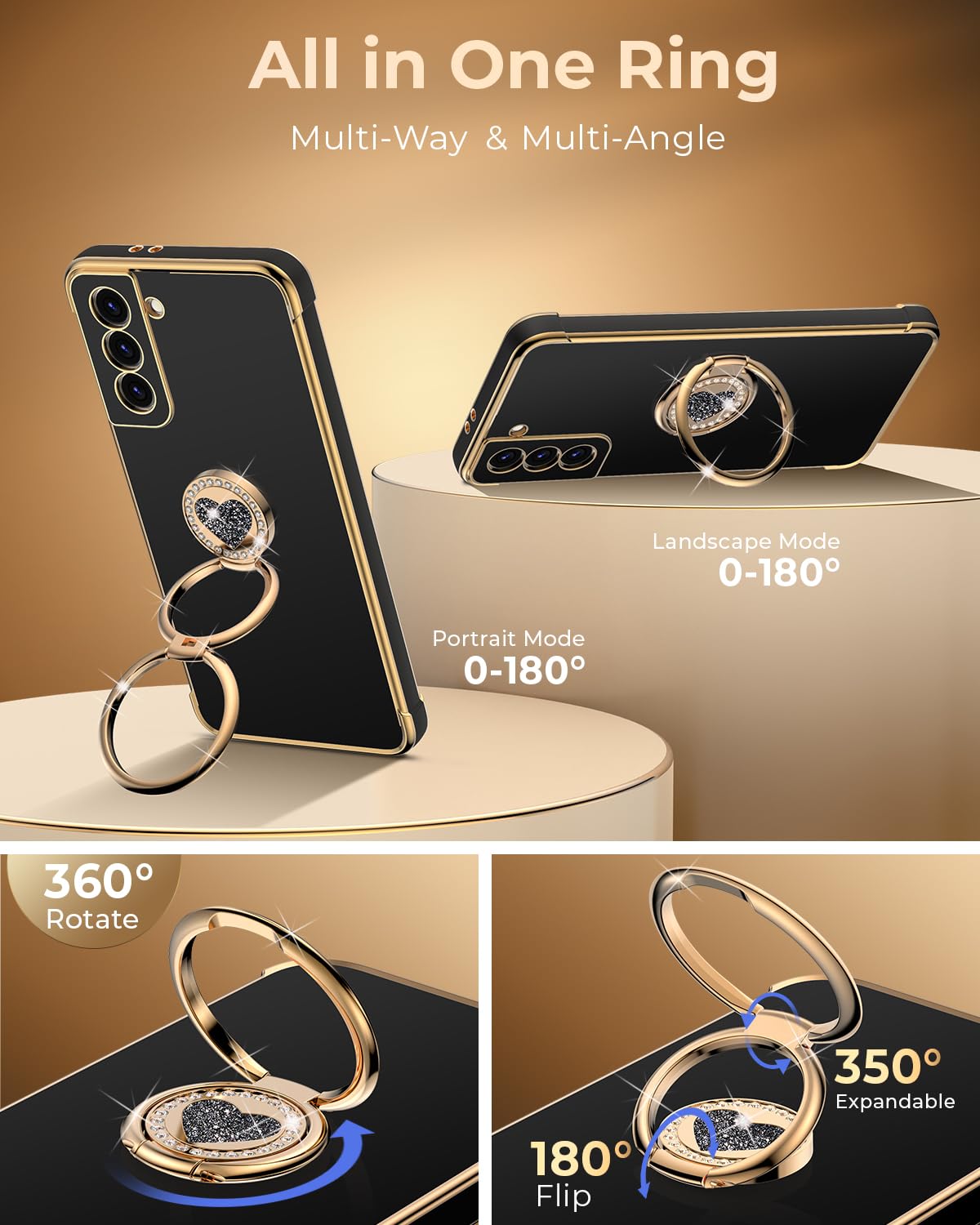 Xyz For Galaxy S21 Case With Stand, For Samsung Galaxy S21 Case With Double Ring, Women Girls Bling Luxury Protective Phone Case