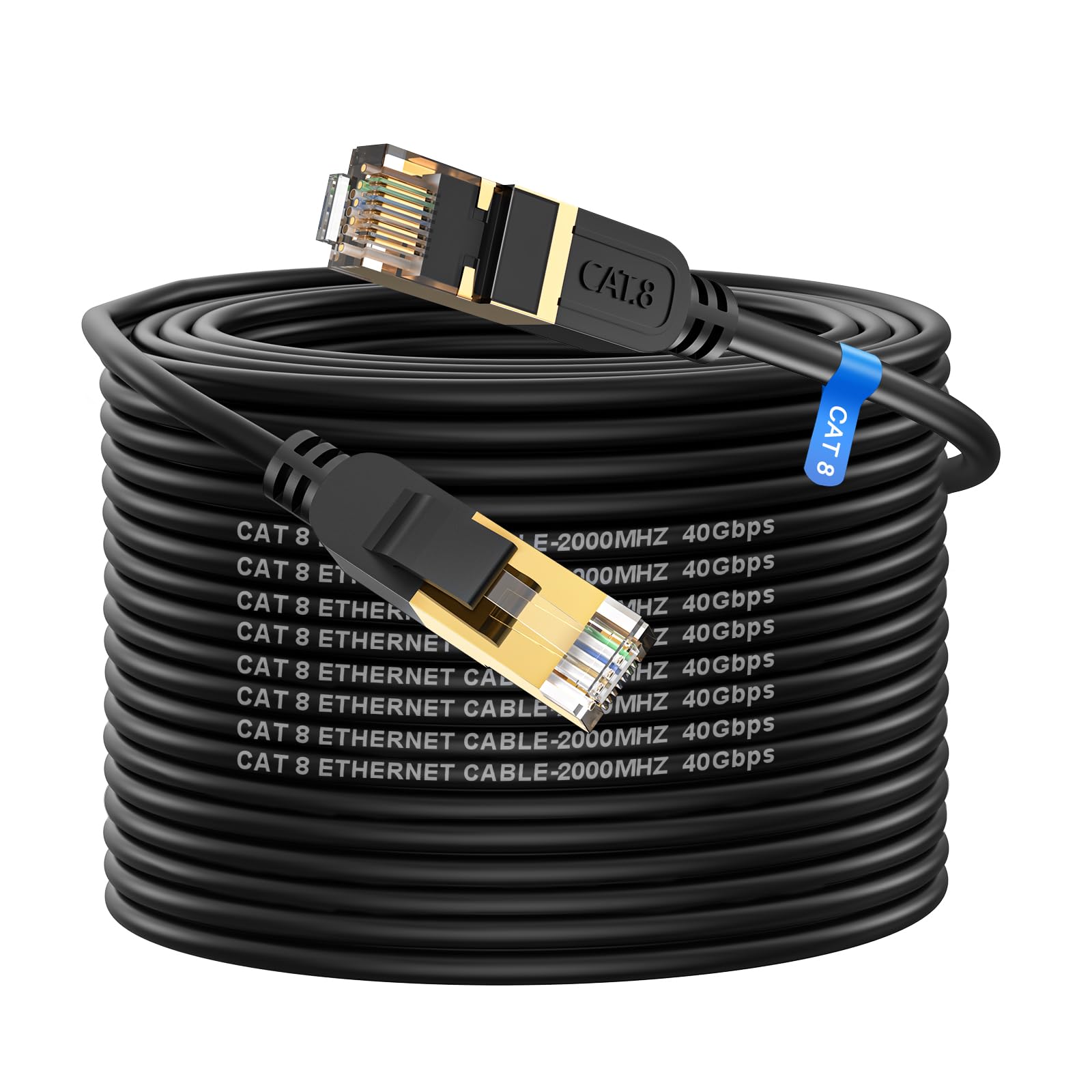 Cat 8 Ethernet Cable, 100Ft High Speed Heavy Duty 26Awg Cat8 Lan Network Cable 40Gbps, 2000Mhz With Gold Plated Rj45 Connector, 