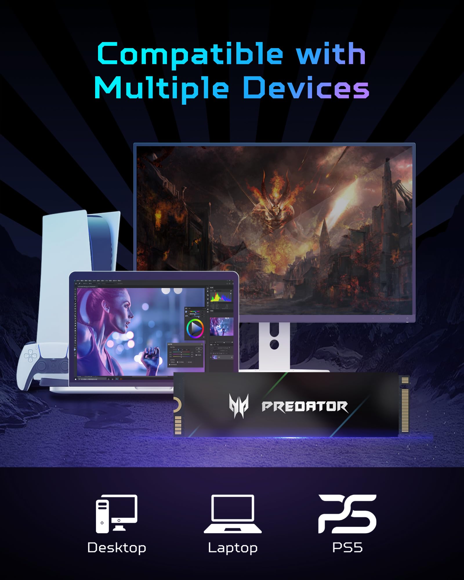 Acer Predator Gm7000 2Tb M.2 Ssd 2280 Nvme Gen4 Internal Gaming Ssd, Compatible With Ps5 Up To 7400Mb/S - Bl.9Bwwr.106