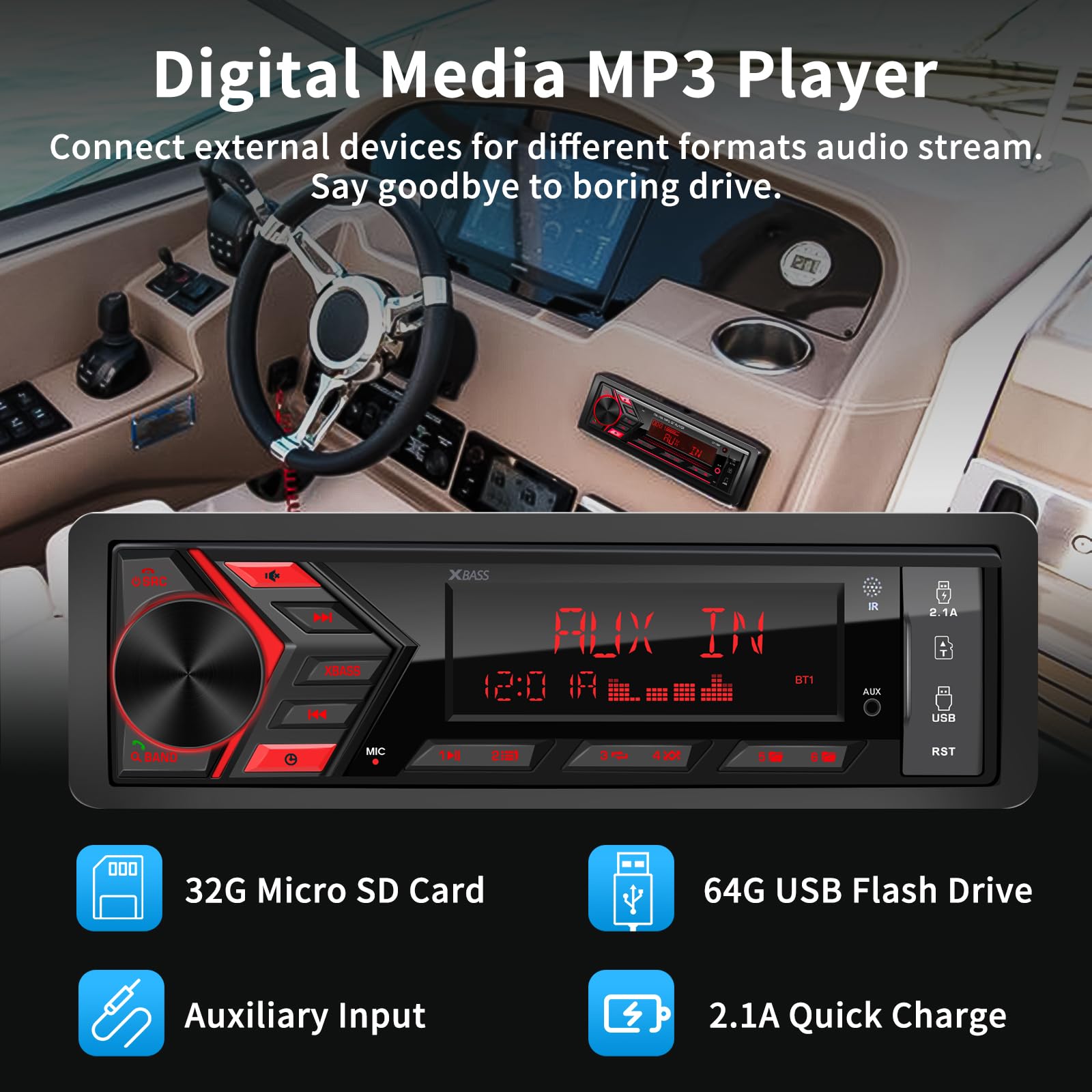 Bluetooth Single Din Car Radio: Marine Stereo Receivers - Multimedia Car Audio With Am Fm Usb Sd Aux-In 2.1A Quick Charge App Co
