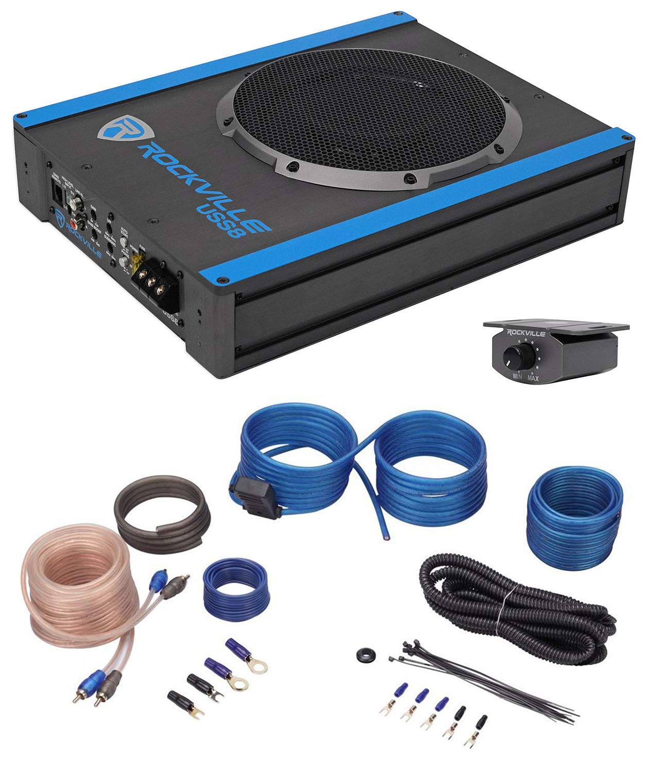 Rockville USS8 8 600w Slim UnderSeat Powered Car/Truck Subwoofer Sub+Amp Kit