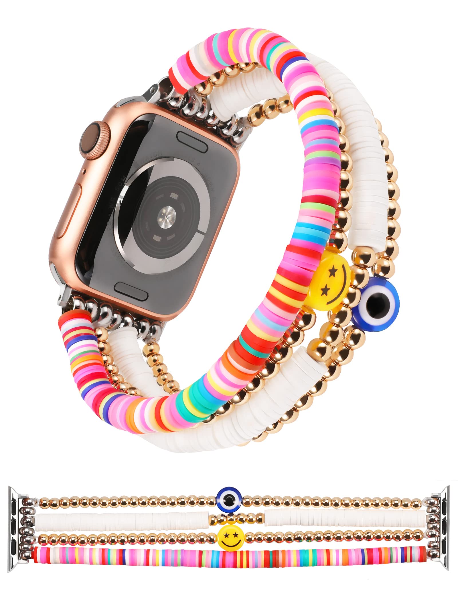 TOYOUTHS Heishi Beaded Bracelet Compatible with Apple Watch Band Women Kids Girls Cute Stretchy Clay Preppy Strap for iWatch 42/