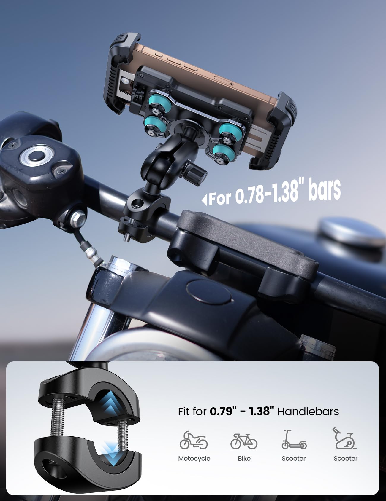 Lamicall Motorcycle Phone Mount Holder - [Dual Vibration Dampener] [Metal Adjustment Arm] Motorcycle Cell Phone Holder, Bike Han